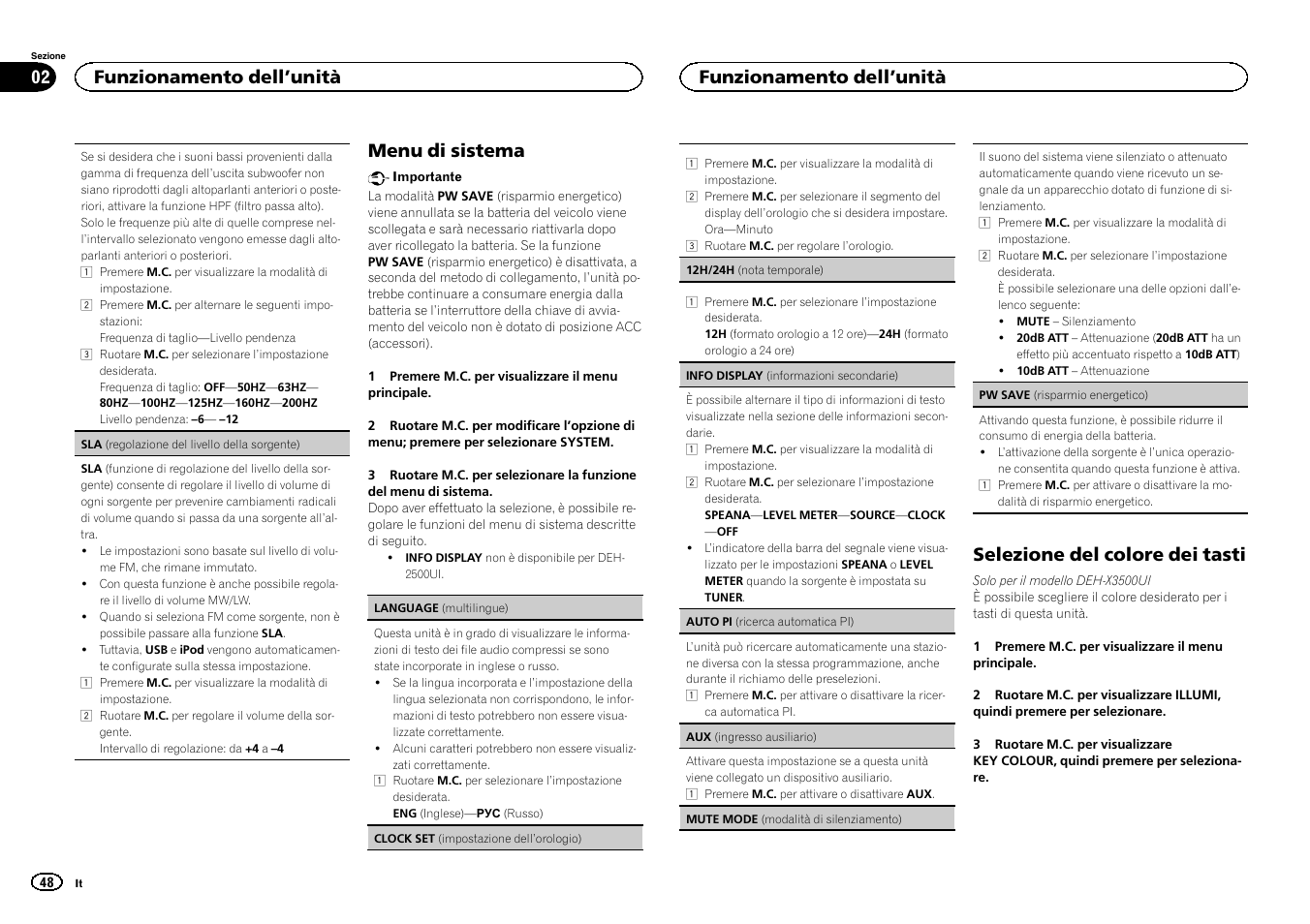 Menu di sistema, Selezione del colore dei tasti, Funzionamento dell ’unità | Pioneer DEH-X3500UI User Manual | Page 48 / 144