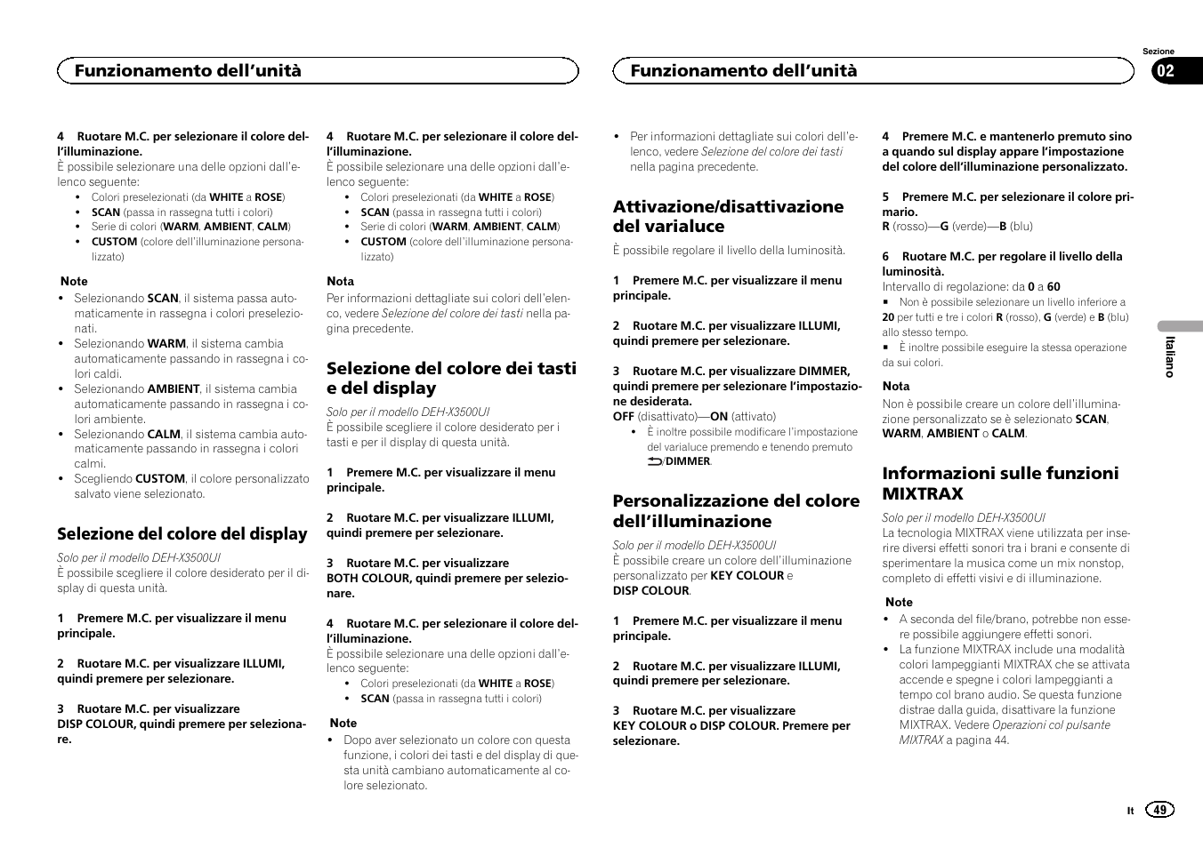 Selezione del colore del display, Selezione del colore dei tasti e del display, Attivazione/disattivazione del varialuce | Personalizzazione del colore dell ’illuminazione, Informazioni sulle funzioni mixtrax, Funzionamento dell ’unità | Pioneer DEH-X3500UI User Manual | Page 49 / 144