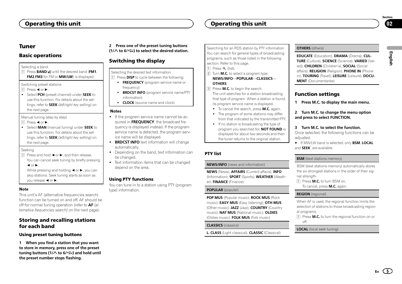 Tuner, Operating this unit | Pioneer DEH-X3500UI User Manual | Page 5 / 144