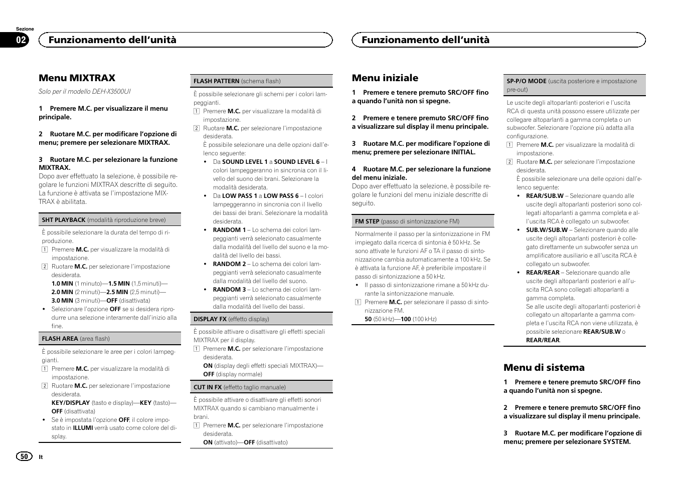 Sp-p/o mode, Menu mixtrax, Menu iniziale | Menu di sistema, Funzionamento dell ’unità | Pioneer DEH-X3500UI User Manual | Page 50 / 144