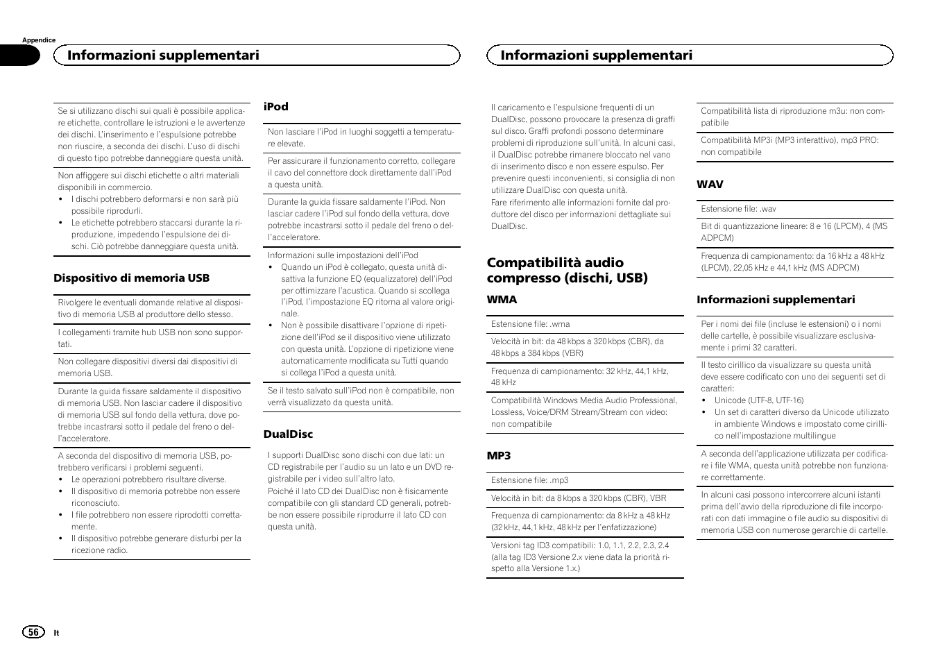 Compatibilità audio compresso (dischi, usb), Informazioni supplementari | Pioneer DEH-X3500UI User Manual | Page 56 / 144