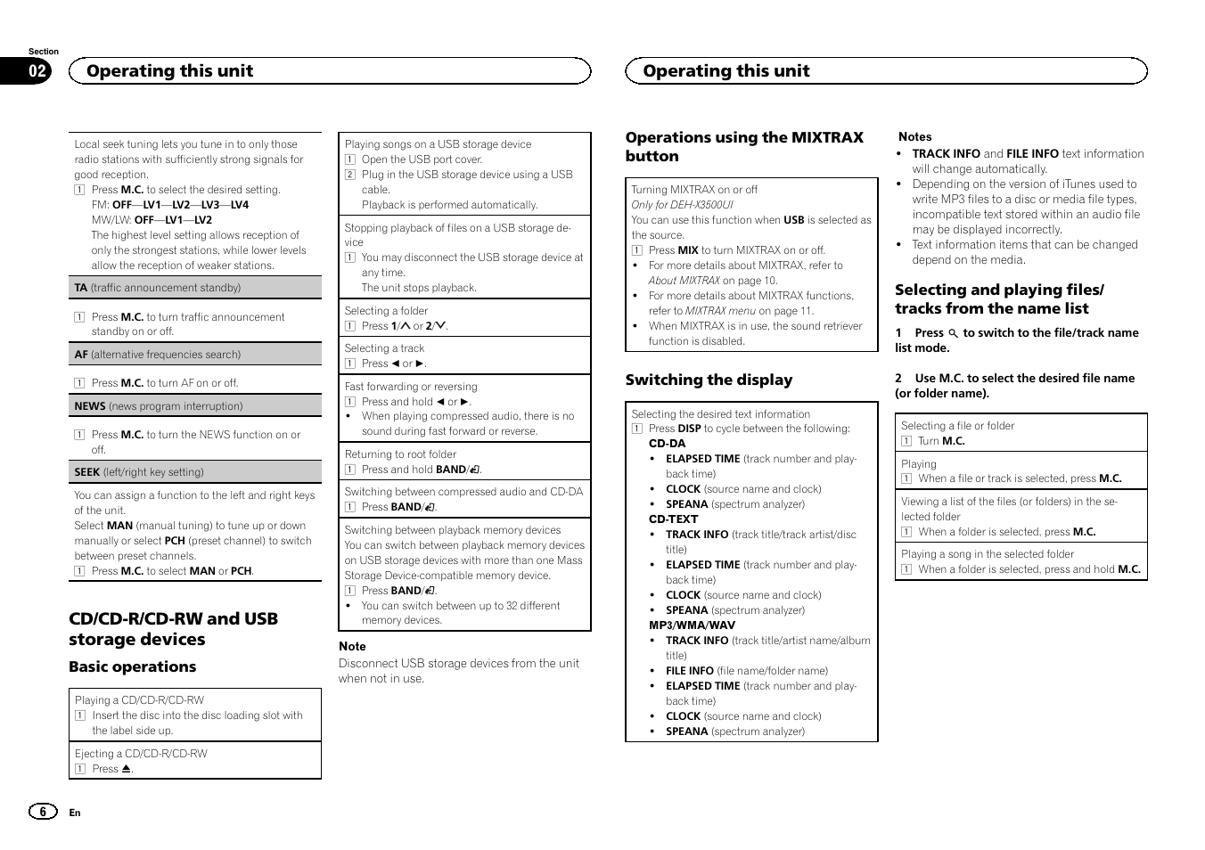 Seek (left/right key setting) on, Af (al, Cd/cd-r/cd-rw and usb storage devices | Operating this unit | Pioneer DEH-X3500UI User Manual | Page 6 / 144