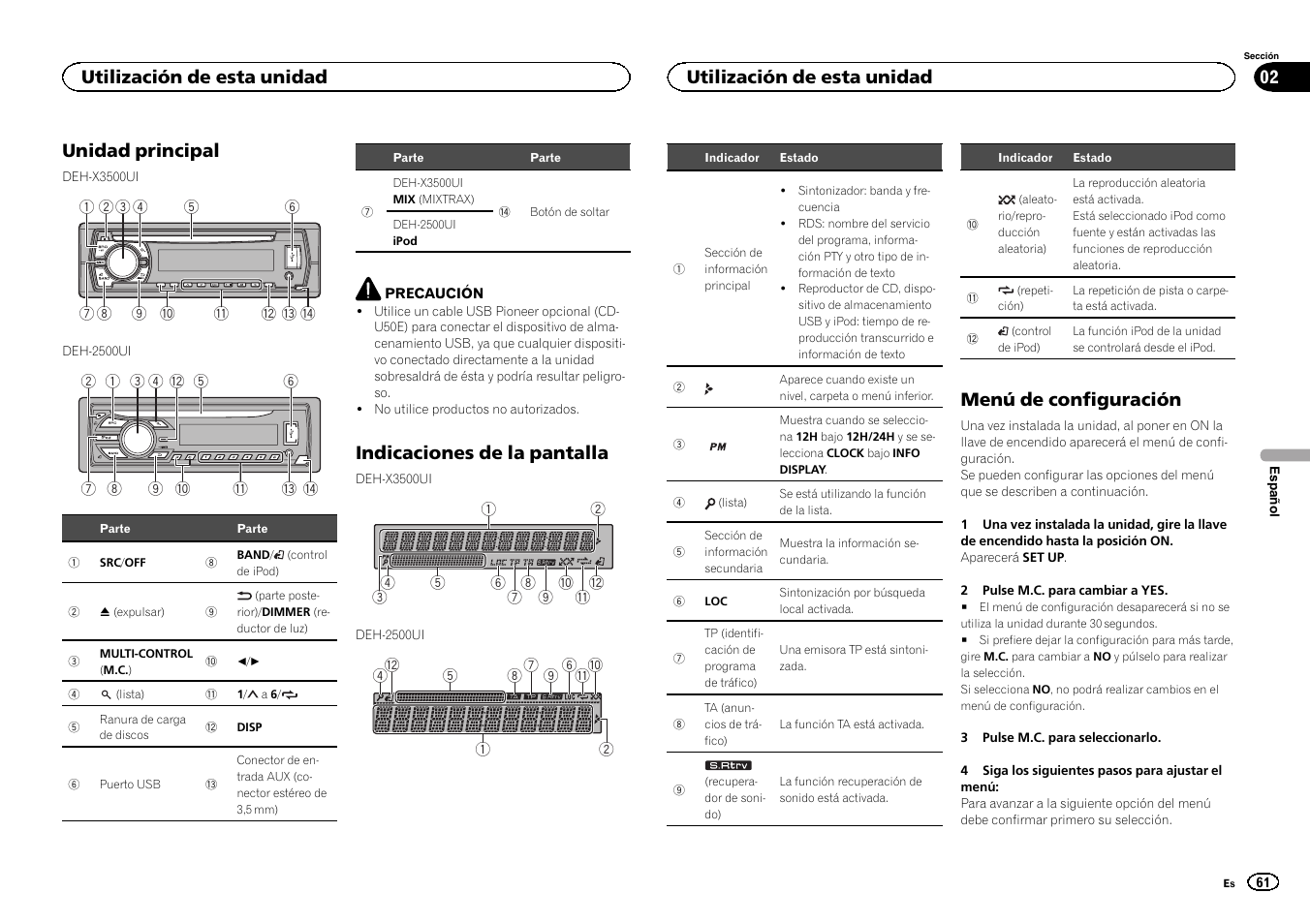 Unidad principal, Indicaciones de la pantalla, Menú de configuración | Utilización de esta unidad | Pioneer DEH-X3500UI User Manual | Page 61 / 144