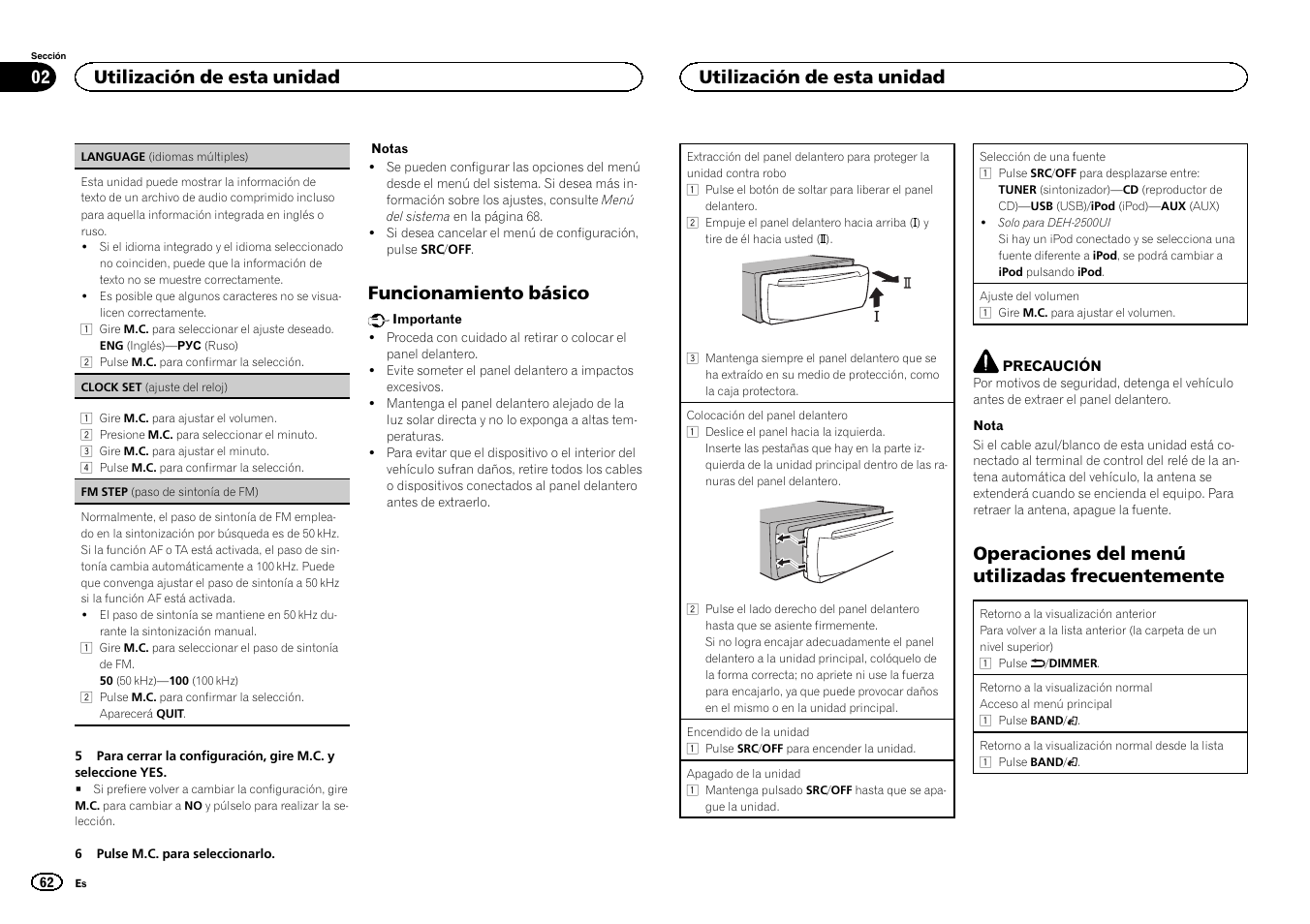 Funcionamiento básico, Operaciones del menú utilizadas frecuentemente, Utilización de esta unidad | Pioneer DEH-X3500UI User Manual | Page 62 / 144