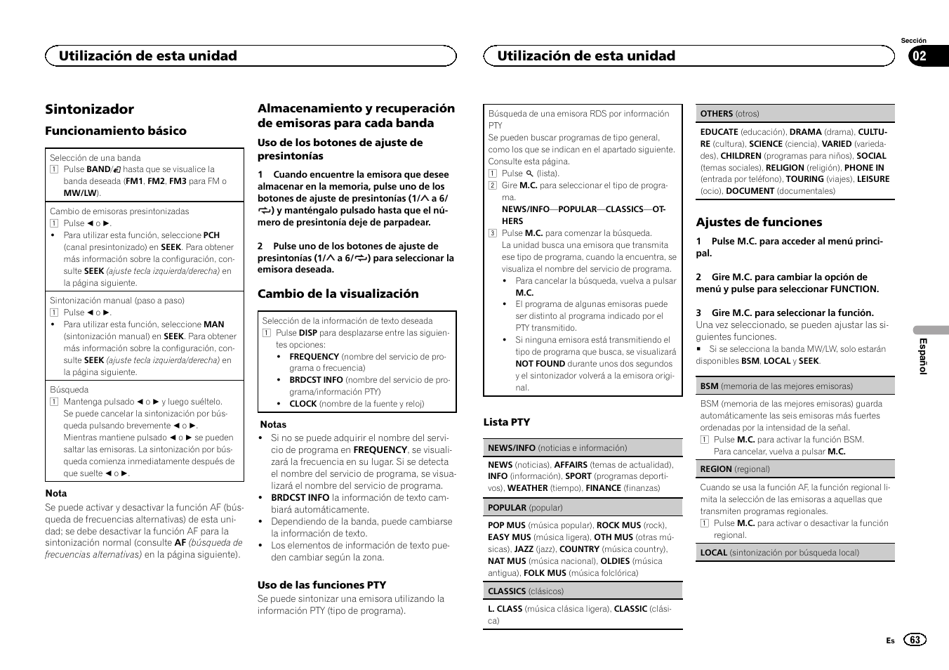 Sintonizador, Utilización de esta unidad | Pioneer DEH-X3500UI User Manual | Page 63 / 144