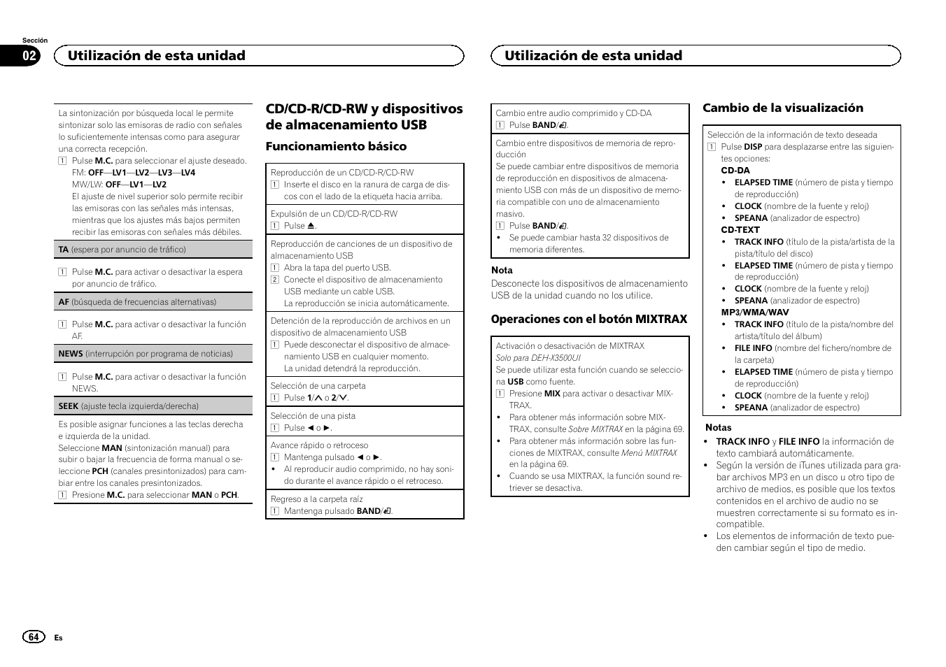 Seek (ajuste tecla izquierda/derecha) en, Af (búsqueda de, Cd/cd-r/cd-rw y dispositivos de almacenamiento usb | Utilización de esta unidad | Pioneer DEH-X3500UI User Manual | Page 64 / 144