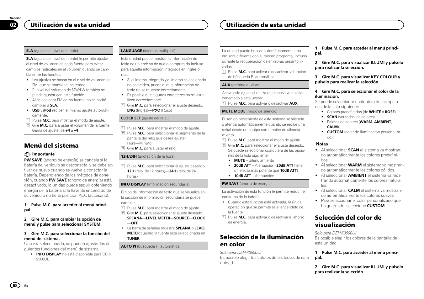 Menú del sistema, Selección de la iluminación en color, Selección del color de visualización | Utilización de esta unidad | Pioneer DEH-X3500UI User Manual | Page 68 / 144