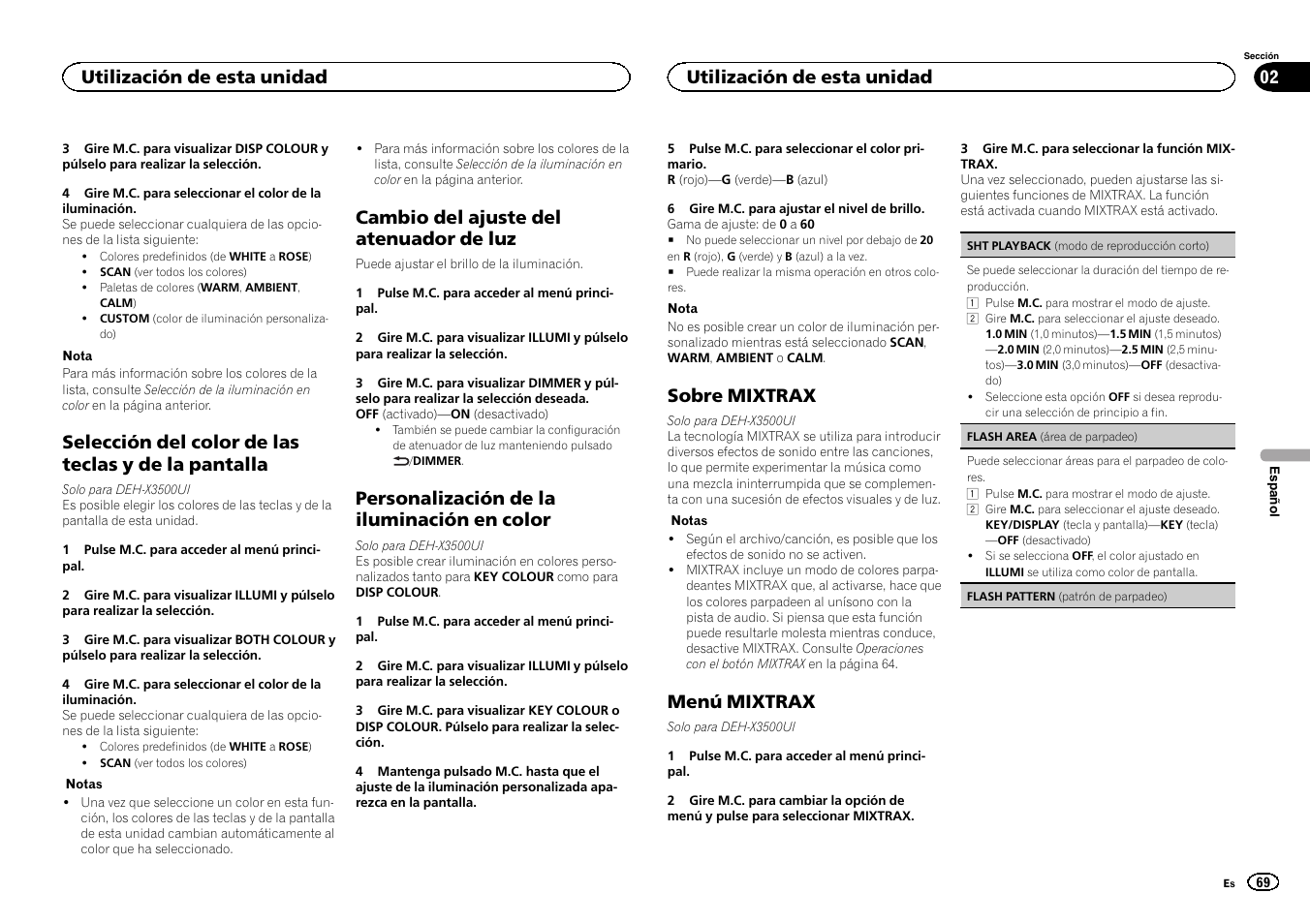 Selección del color de las teclas y de la pantalla, Cambio del ajuste del atenuador de luz, Personalización de la iluminación en color | Sobre mixtrax, Menú mixtrax, Utilización de esta unidad | Pioneer DEH-X3500UI User Manual | Page 69 / 144