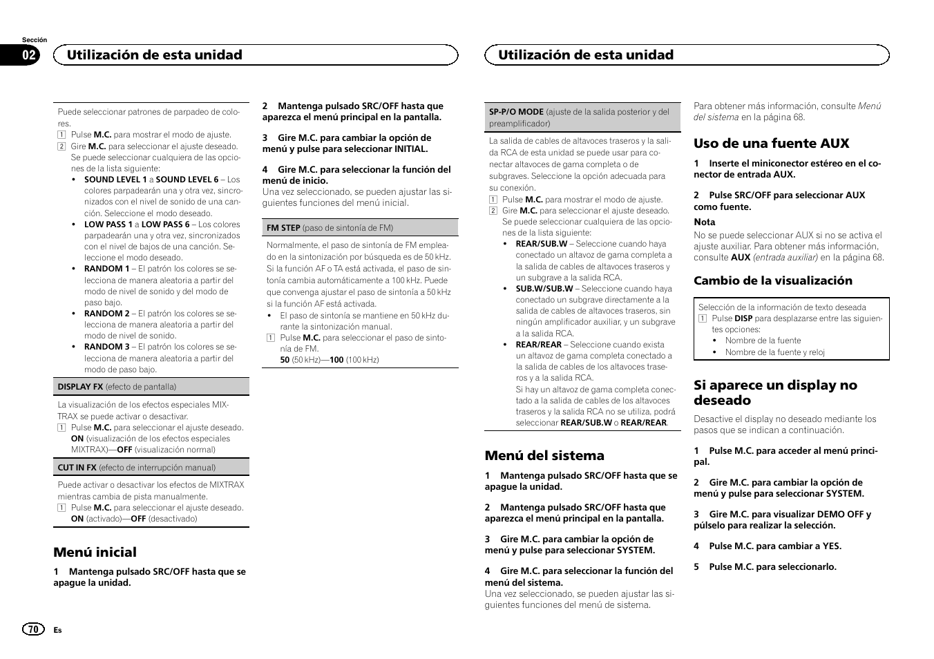 Sp-p/o mode, Sp-p/o mode (ajuste de, Menú inicial | Menú del sistema, Uso de una fuente aux, Si aparece un display no deseado, Utilización de esta unidad | Pioneer DEH-X3500UI User Manual | Page 70 / 144