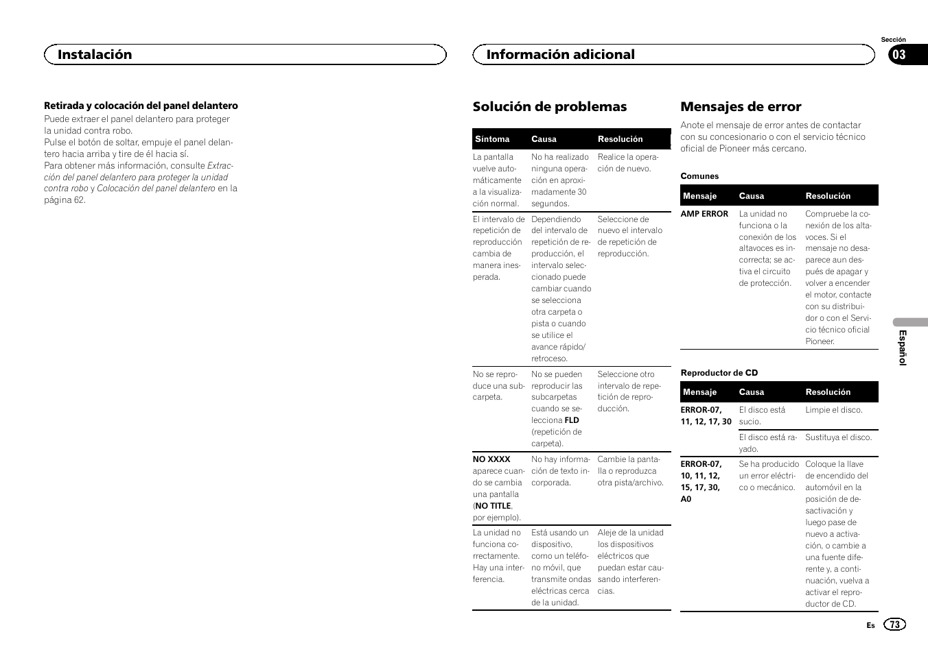 Solución de problemas, Mensajes de error, Instalación | Información adicional | Pioneer DEH-X3500UI User Manual | Page 73 / 144