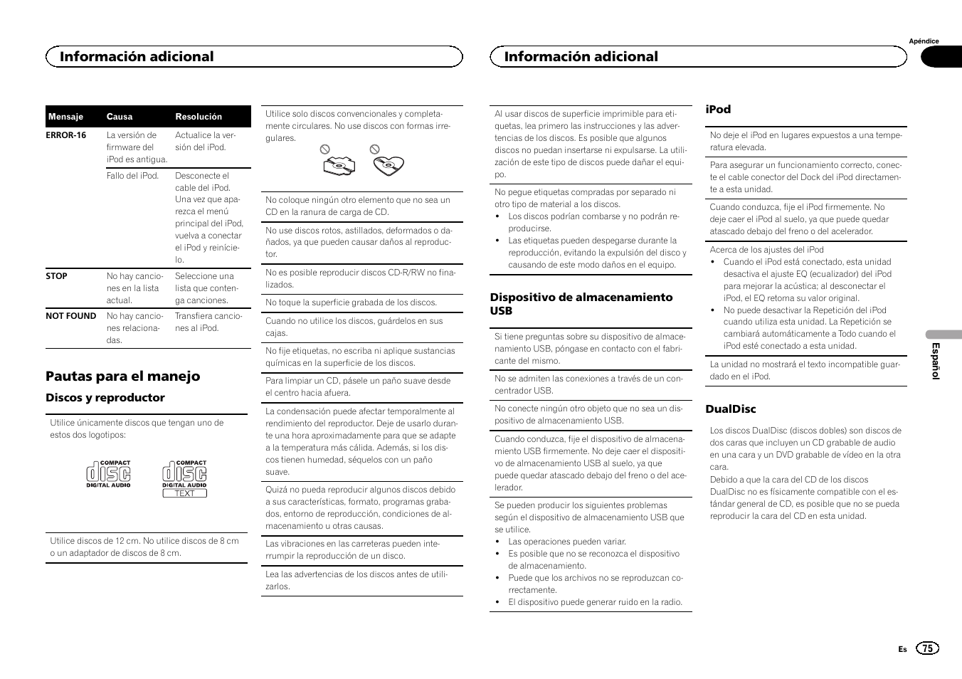 Pautas para el manejo, Información adicional | Pioneer DEH-X3500UI User Manual | Page 75 / 144