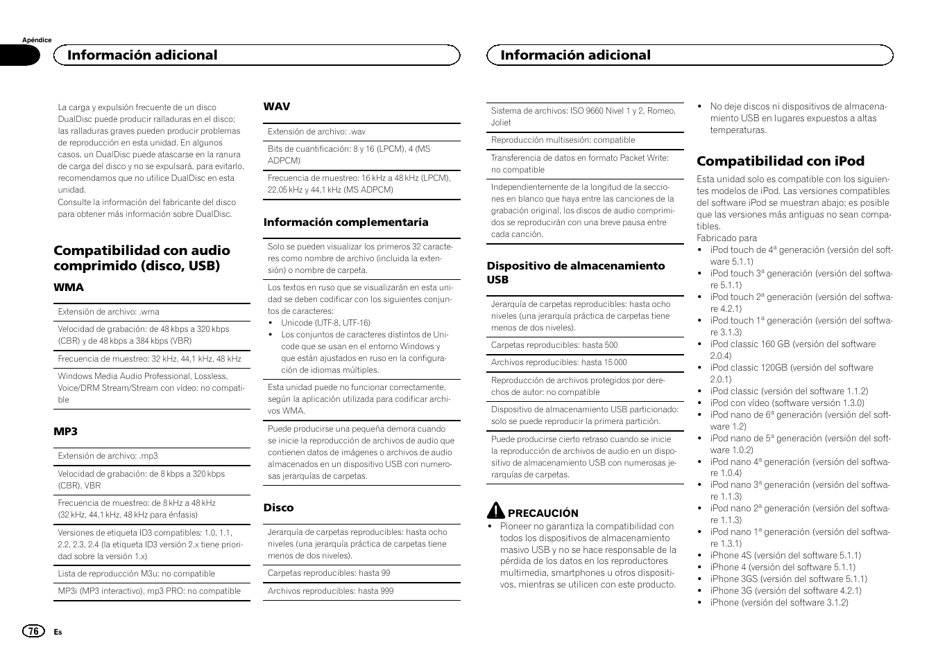 Compatibilidad con audio comprimido (disco, usb), Compatibilidad con ipod, Información adicional | Pioneer DEH-X3500UI User Manual | Page 76 / 144