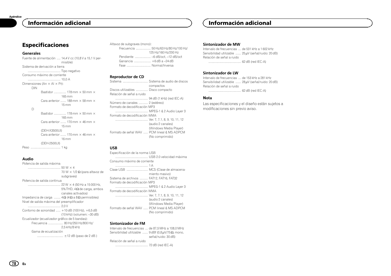 Especificaciones, Información adicional | Pioneer DEH-X3500UI User Manual | Page 78 / 144