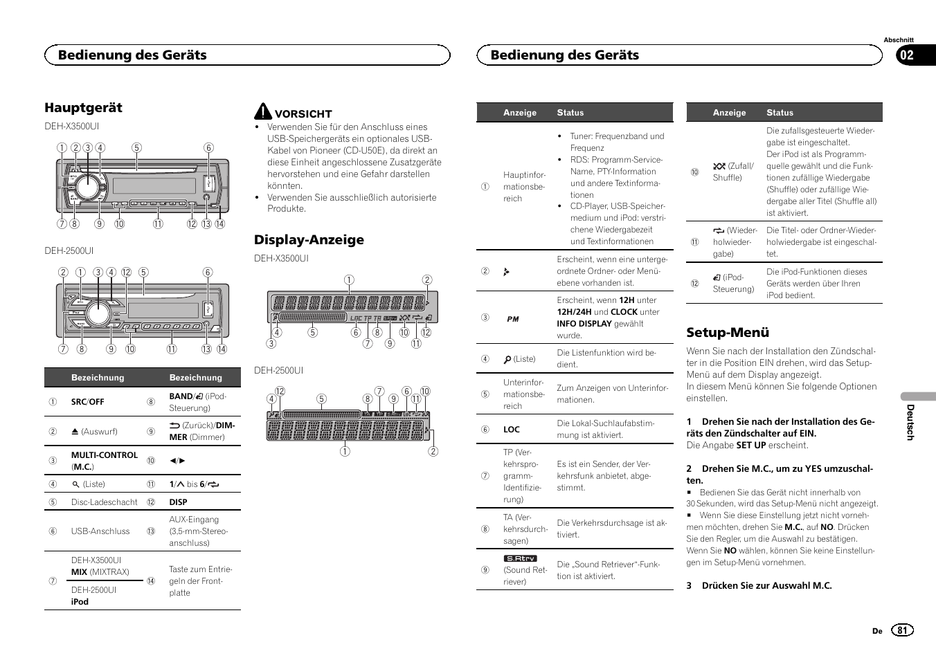 Hauptgerät, Display-anzeige, Setup-menü | Bedienung des geräts | Pioneer DEH-X3500UI User Manual | Page 81 / 144