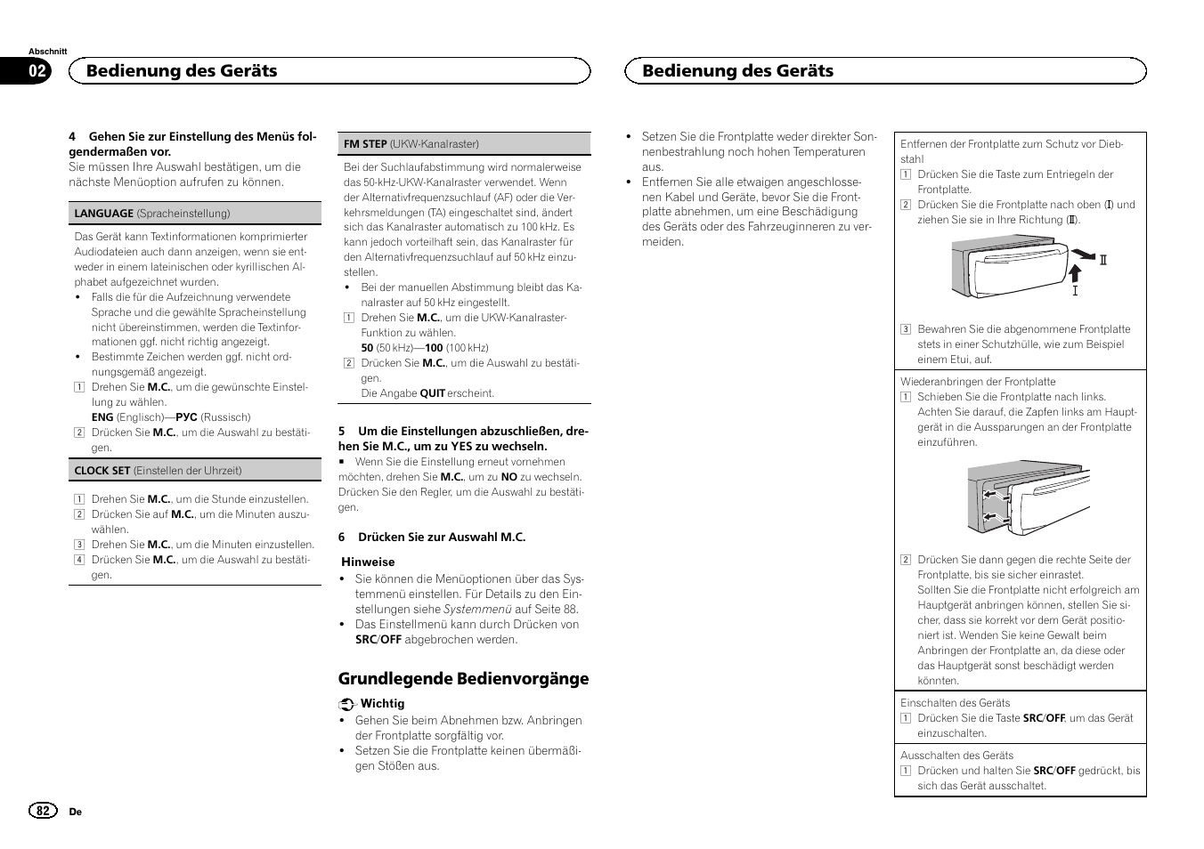 Grundlegende bedienvorgänge, Bedienung des geräts | Pioneer DEH-X3500UI User Manual | Page 82 / 144