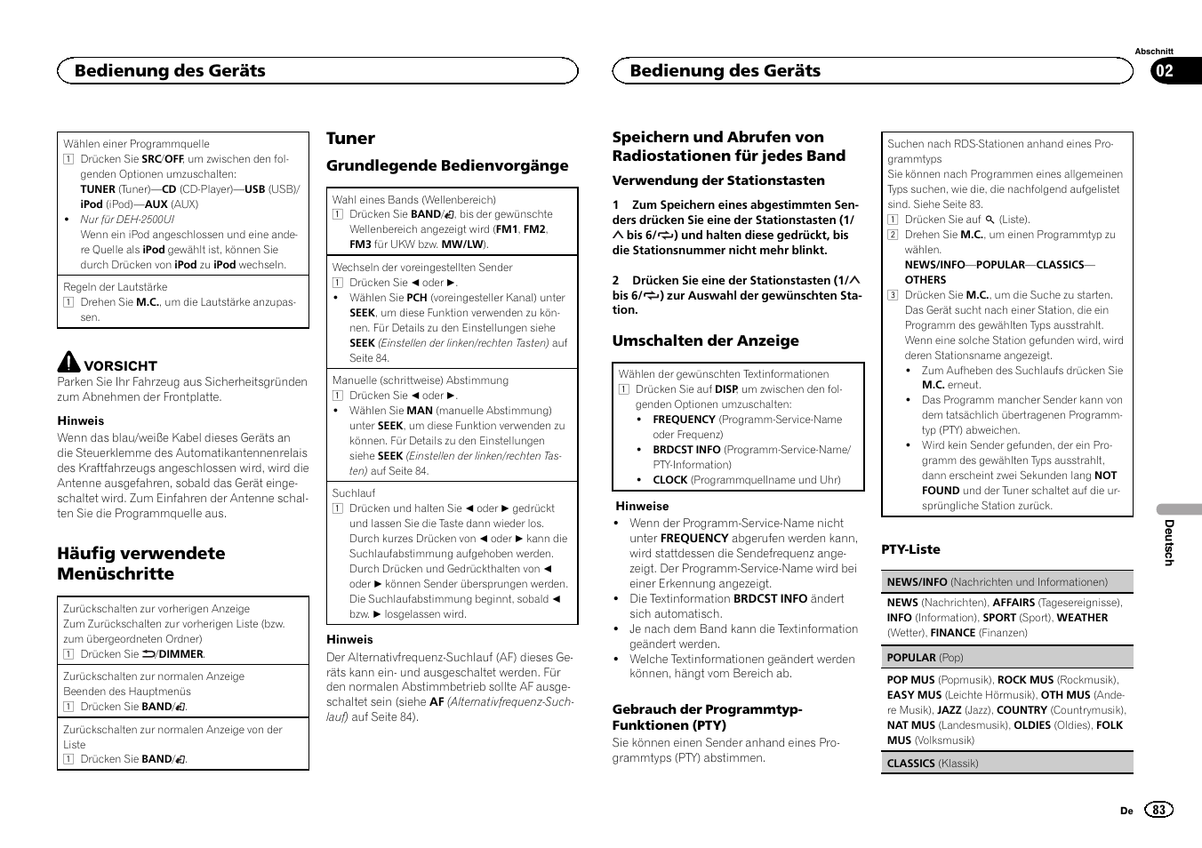 Häufig verwendete menüschritte, Tuner, Bedienung des geräts | Pioneer DEH-X3500UI User Manual | Page 83 / 144