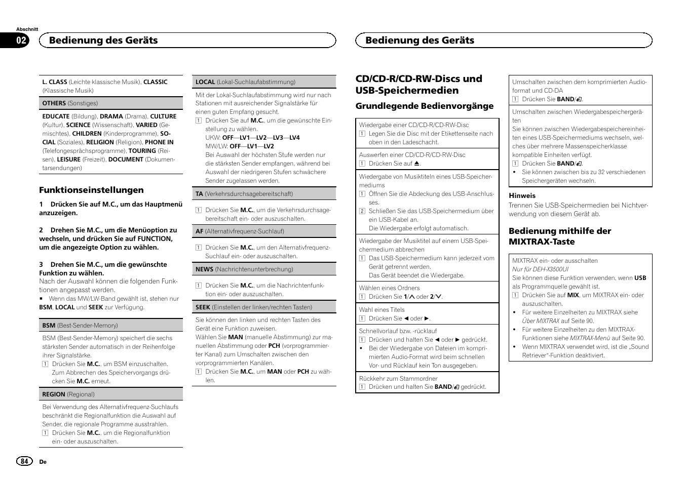 Seek (einstellen der linken/rechten tas, Ten) auf seite 84, Af (alternativfrequenz-such | Lauf) auf seite 84), Cd/cd-r/cd-rw-discs und usb-speichermedien, Bedienung des geräts | Pioneer DEH-X3500UI User Manual | Page 84 / 144