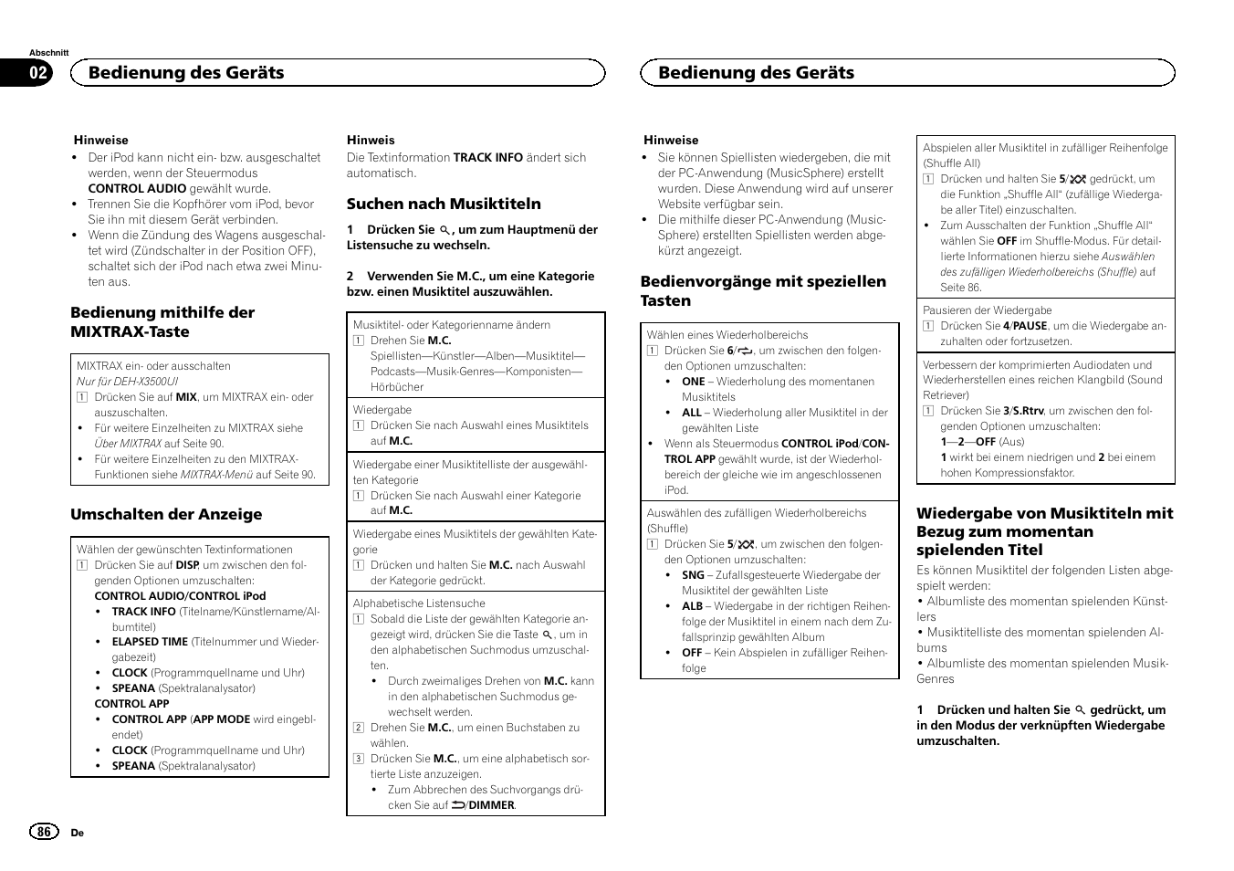 Bedienung des geräts | Pioneer DEH-X3500UI User Manual | Page 86 / 144