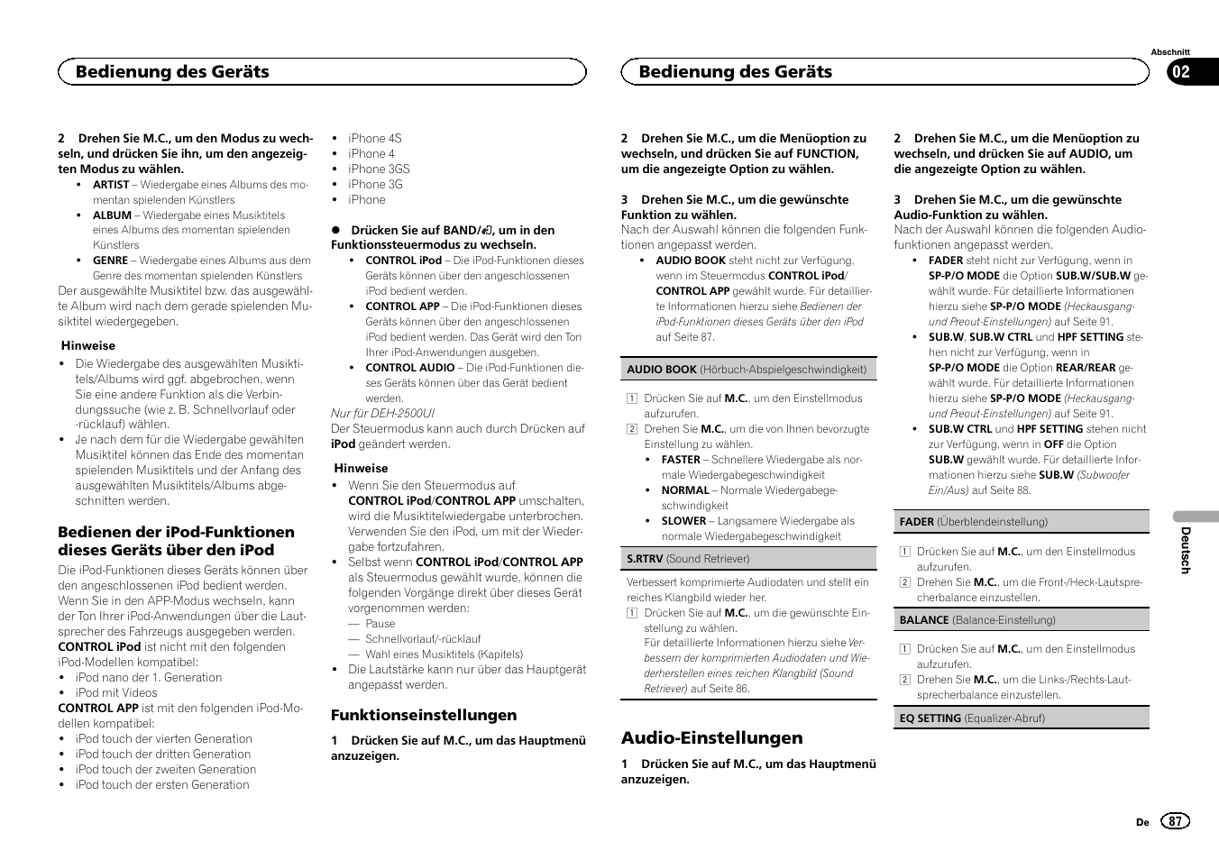 Audio-einstellungen, Bedienung des geräts | Pioneer DEH-X3500UI User Manual | Page 87 / 144