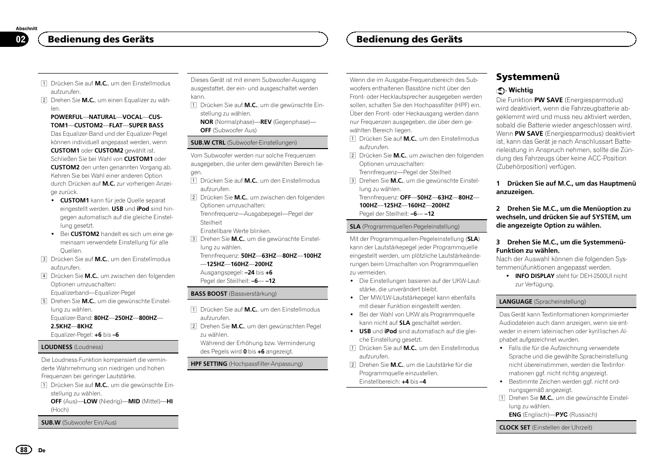 Sub.w (subwoofer, Ein/aus) auf seite 88, Systemmenü | Bedienung des geräts | Pioneer DEH-X3500UI User Manual | Page 88 / 144
