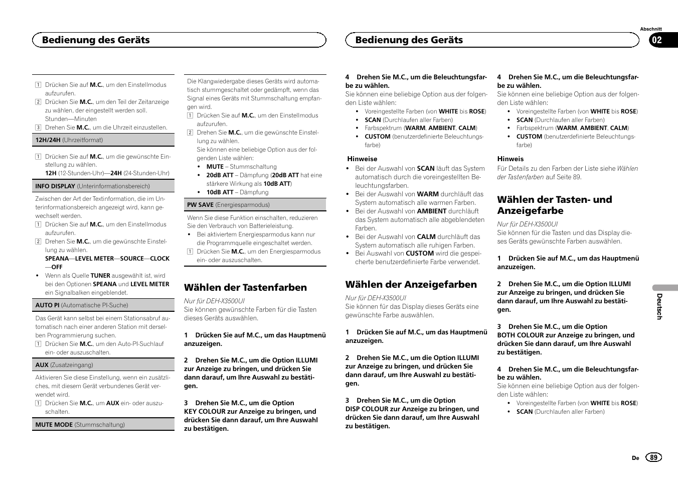 Wählen der tastenfarben, Wählen der anzeigefarben, Wählen der tasten- und anzeigefarbe | Bedienung des geräts | Pioneer DEH-X3500UI User Manual | Page 89 / 144