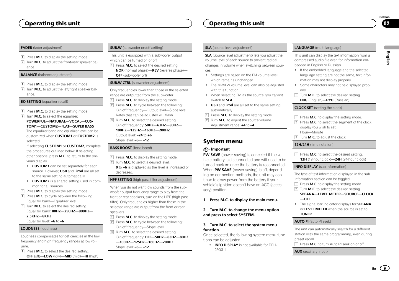 Sub.w (subwoofer on/off, System menu, Operating this unit | Pioneer DEH-X3500UI User Manual | Page 9 / 144