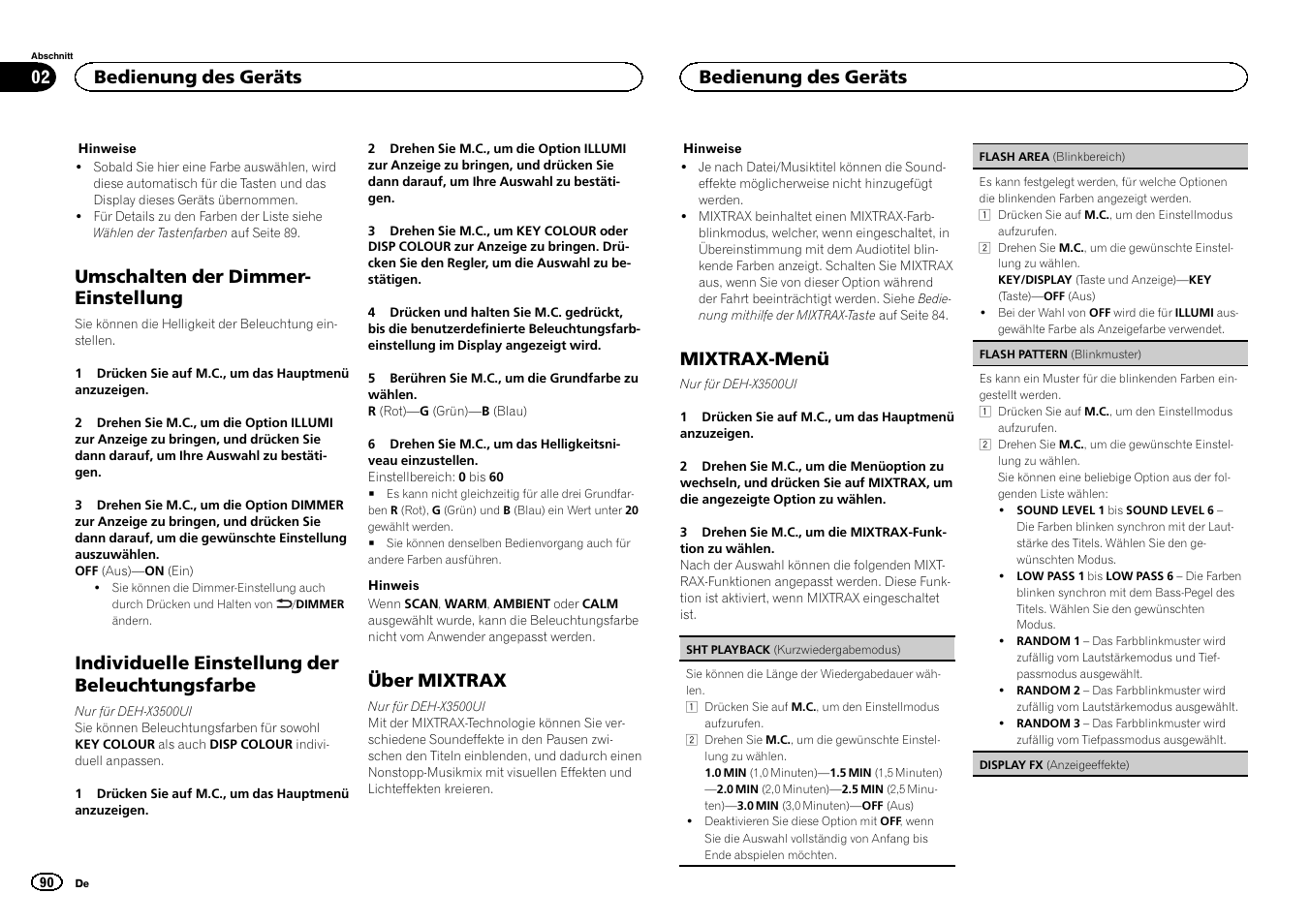 Umschalten der dimmer- einstellung, Individuelle einstellung der beleuchtungsfarbe, Über mixtrax | Mixtrax-menü, Bedienung des geräts | Pioneer DEH-X3500UI User Manual | Page 90 / 144