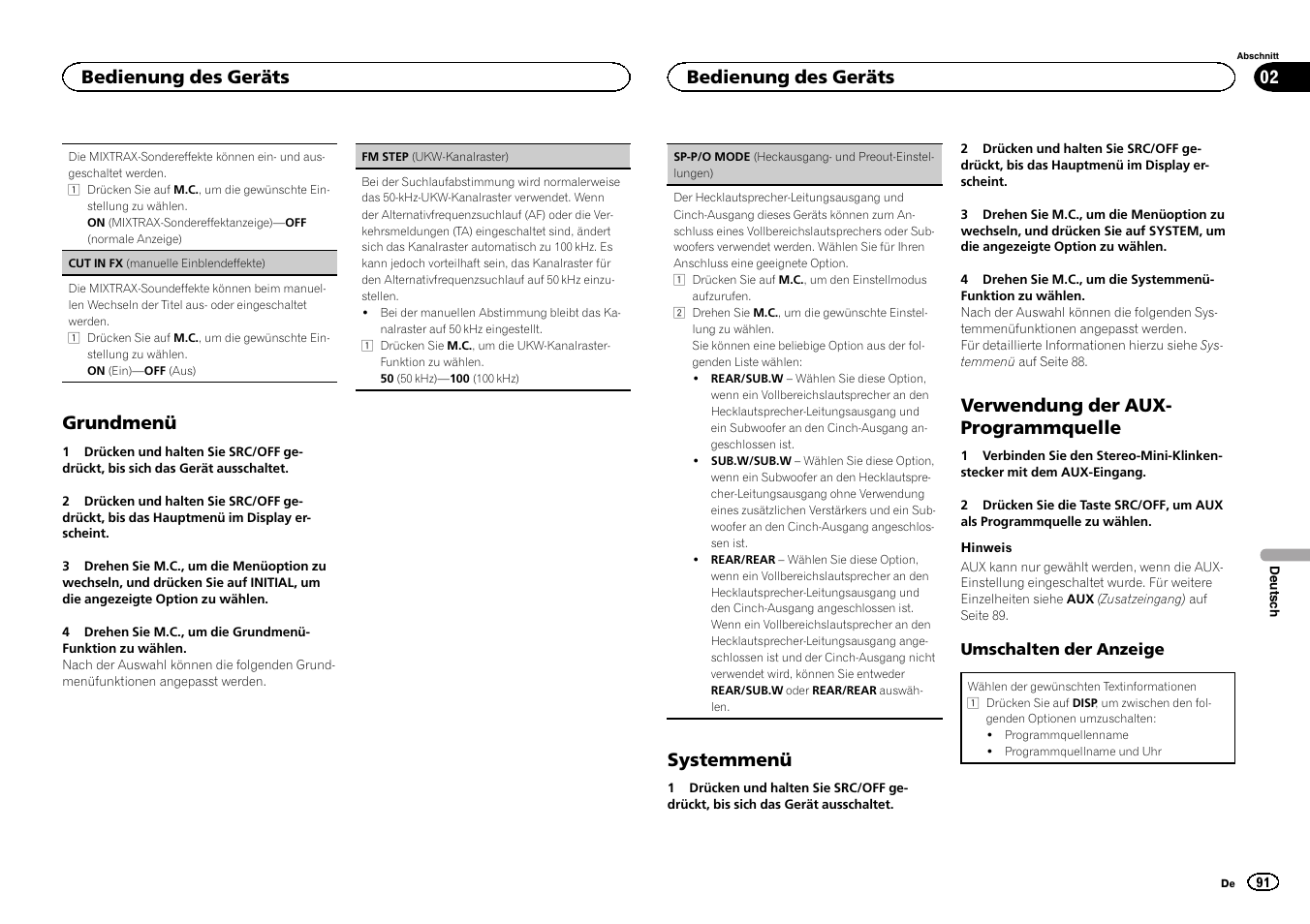 Sp-p/o mode (heckausgang, Und preout-einstellungen) auf seite 91, Grundmenü | Systemmenü, Verwendung der aux- programmquelle, Bedienung des geräts | Pioneer DEH-X3500UI User Manual | Page 91 / 144