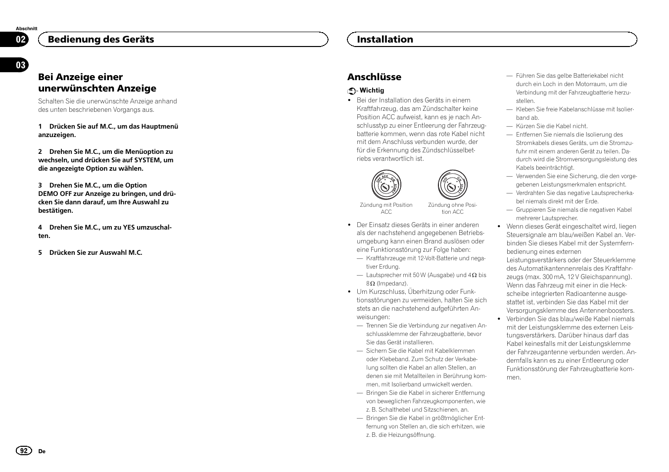 Bei anzeige einer unerwünschten anzeige, Anschlüsse, Bedienung des geräts | Installation | Pioneer DEH-X3500UI User Manual | Page 92 / 144