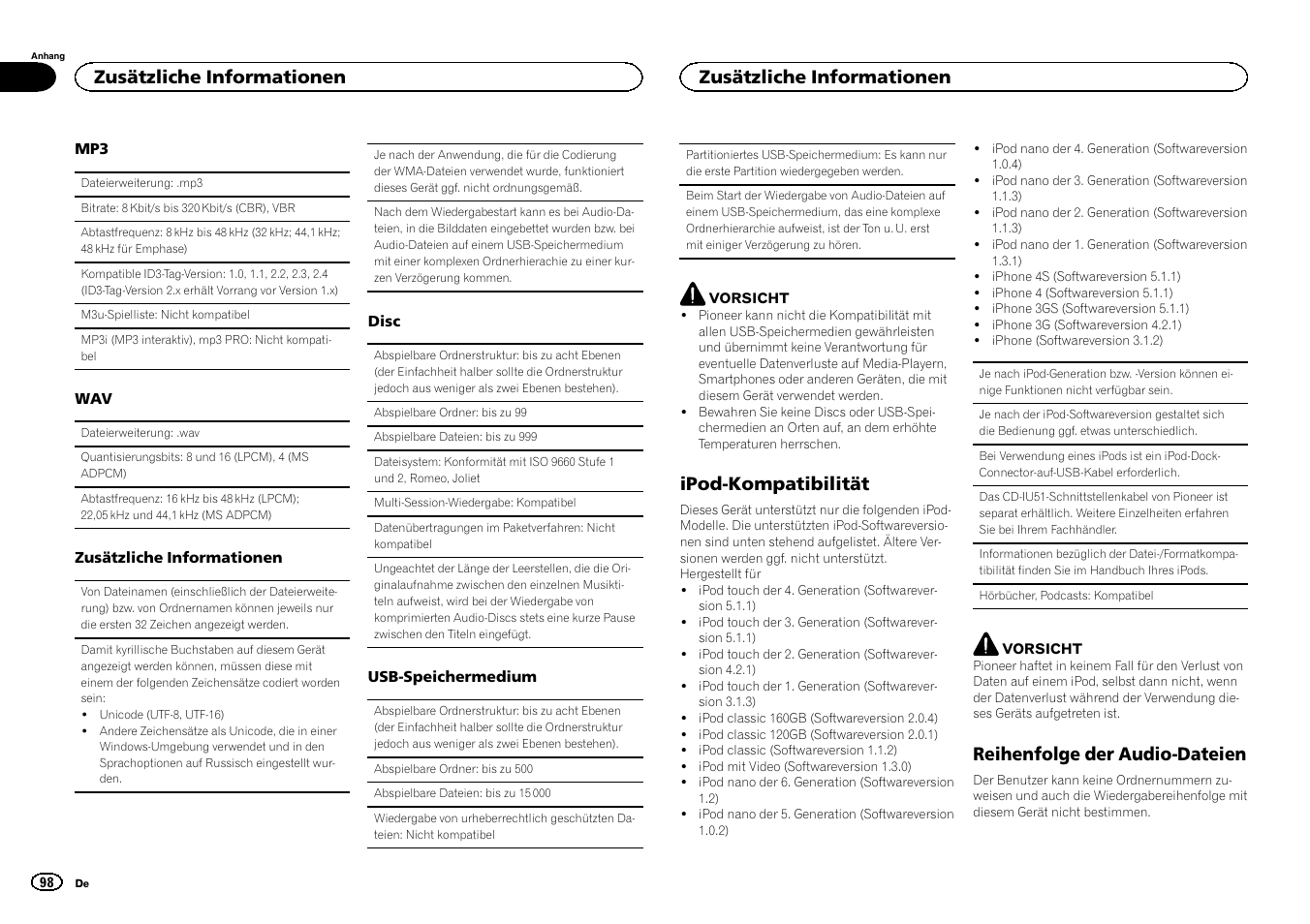 Ipod-kompatibilität, Reihenfolge der audio-dateien, Zusätzliche informationen | Pioneer DEH-X3500UI User Manual | Page 98 / 144