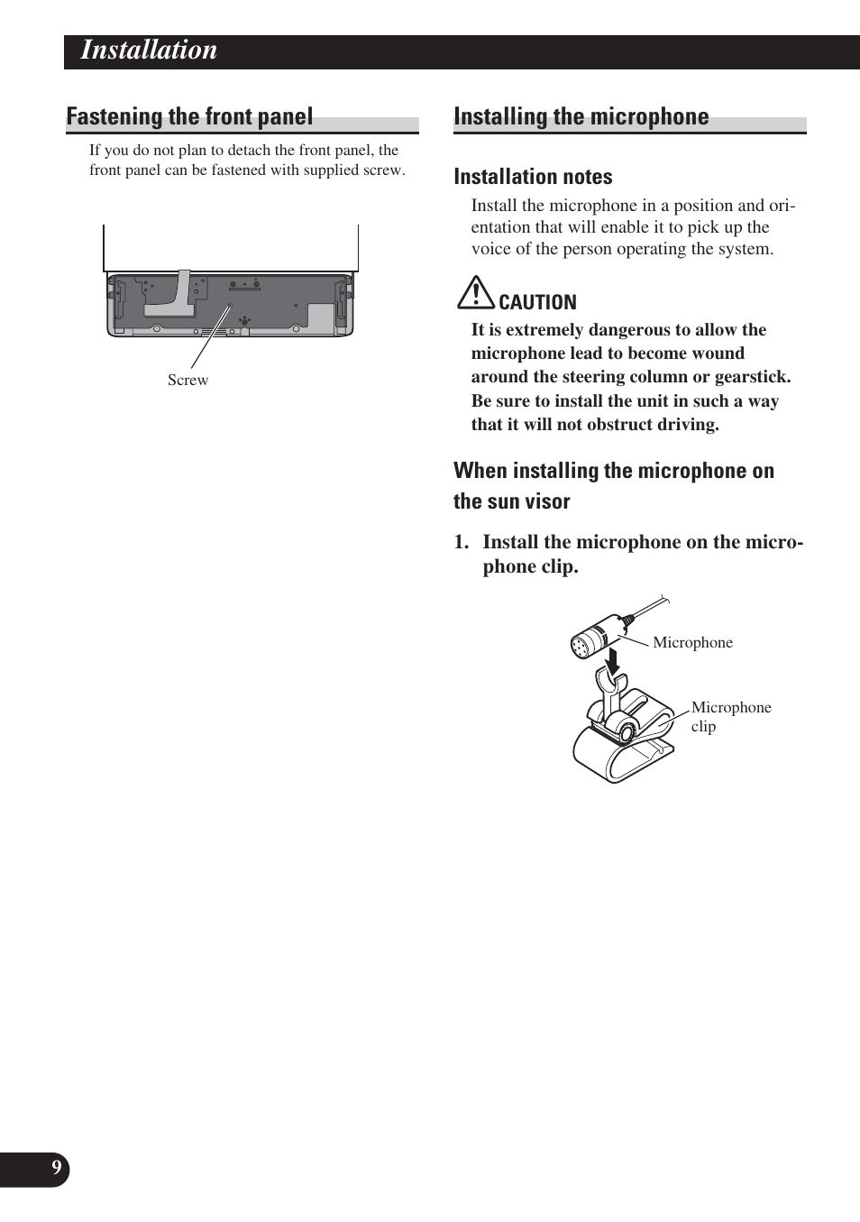 Installation, Fastening the front panel, Installing the microphone | Pioneer DEH-P800BT User Manual | Page 10 / 72