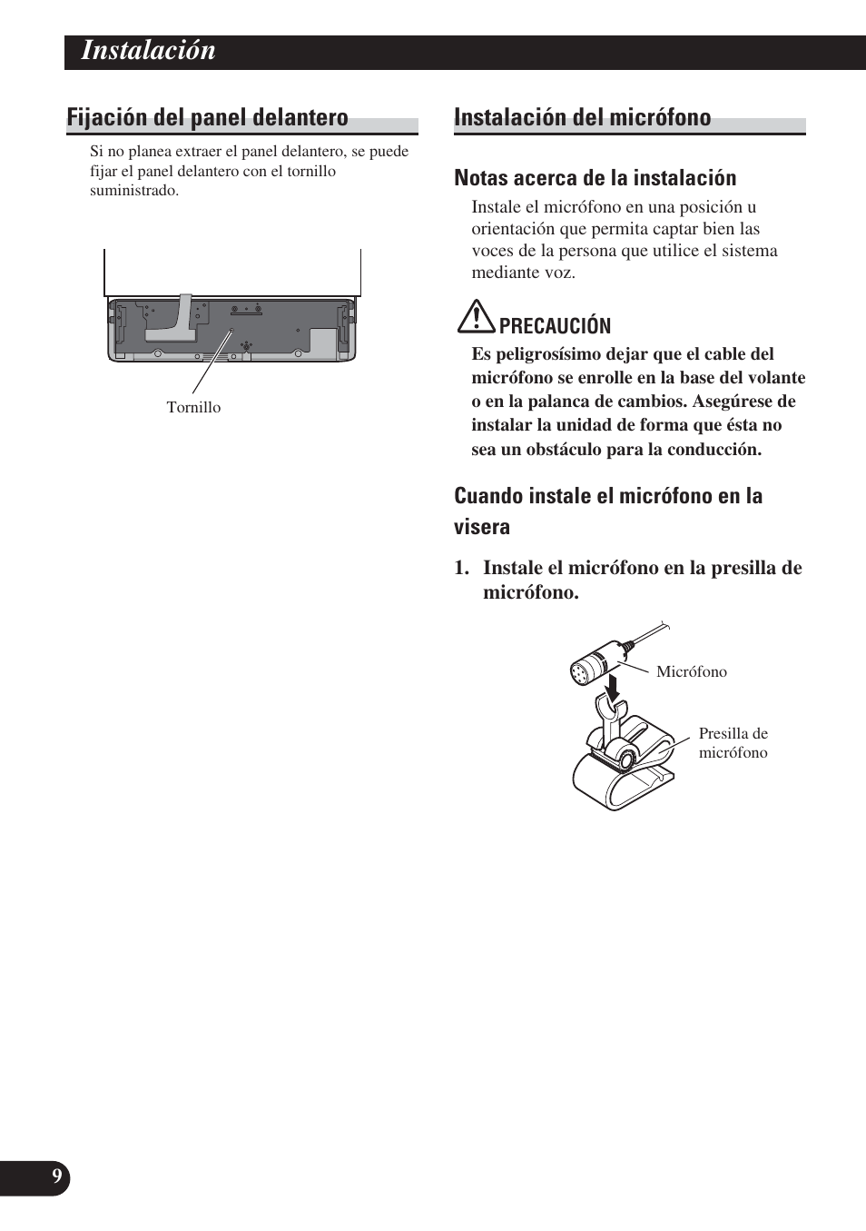 Instalación, Fijación del panel delantero, Instalación del micrófono | Pioneer DEH-P800BT User Manual | Page 20 / 72