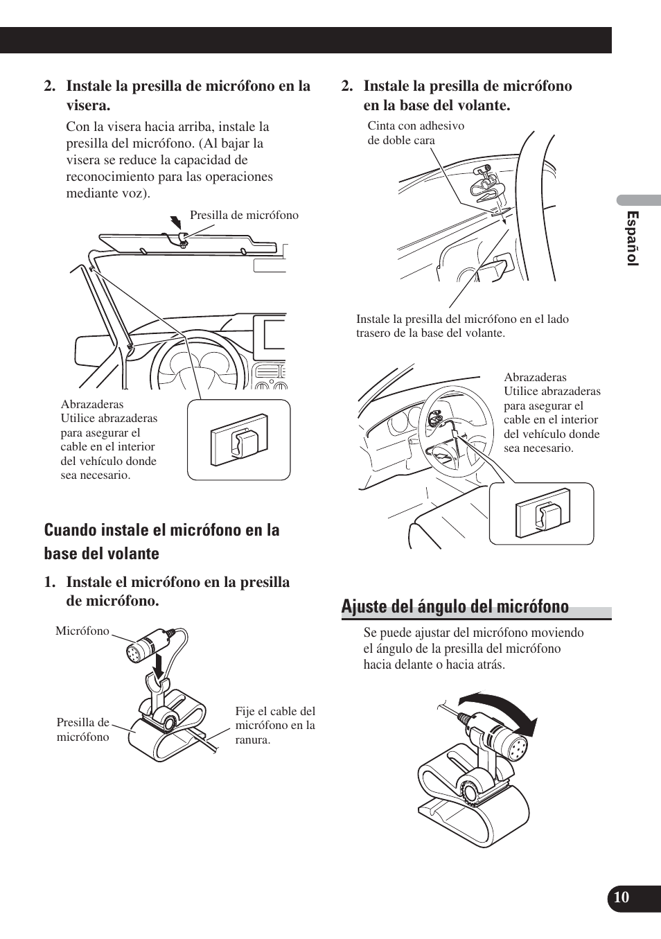 Ajuste del ángulo del micrófono, Cuando instale el micrófono en la base del volante | Pioneer DEH-P800BT User Manual | Page 21 / 72