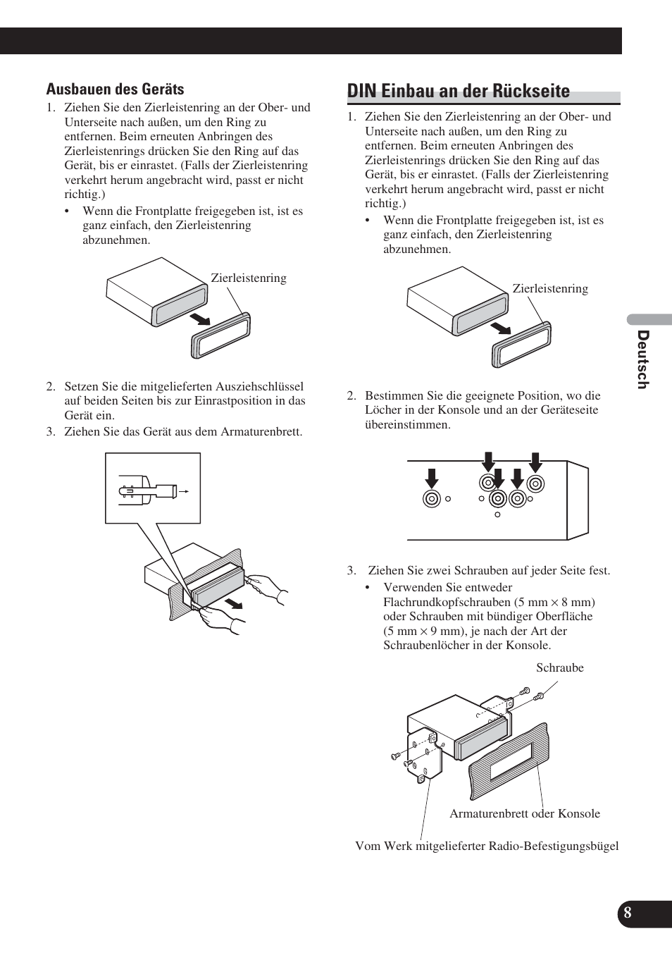 Din einbau an der rückseite | Pioneer DEH-P800BT User Manual | Page 29 / 72