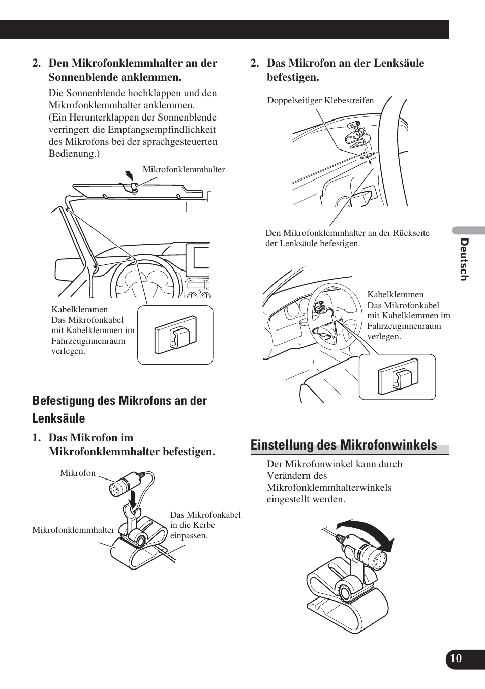 Einstellung des mikrofonwinkels, Befestigung des mikrofons an der lenksäule | Pioneer DEH-P800BT User Manual | Page 31 / 72