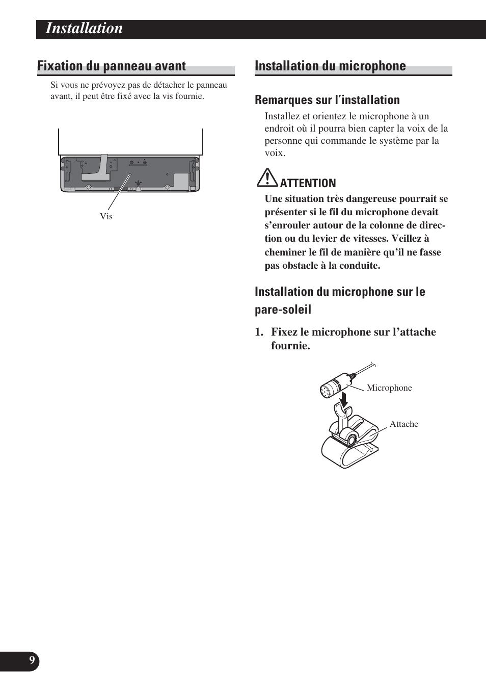 Installation, Fixation du panneau avant, Installation du microphone | Pioneer DEH-P800BT User Manual | Page 40 / 72