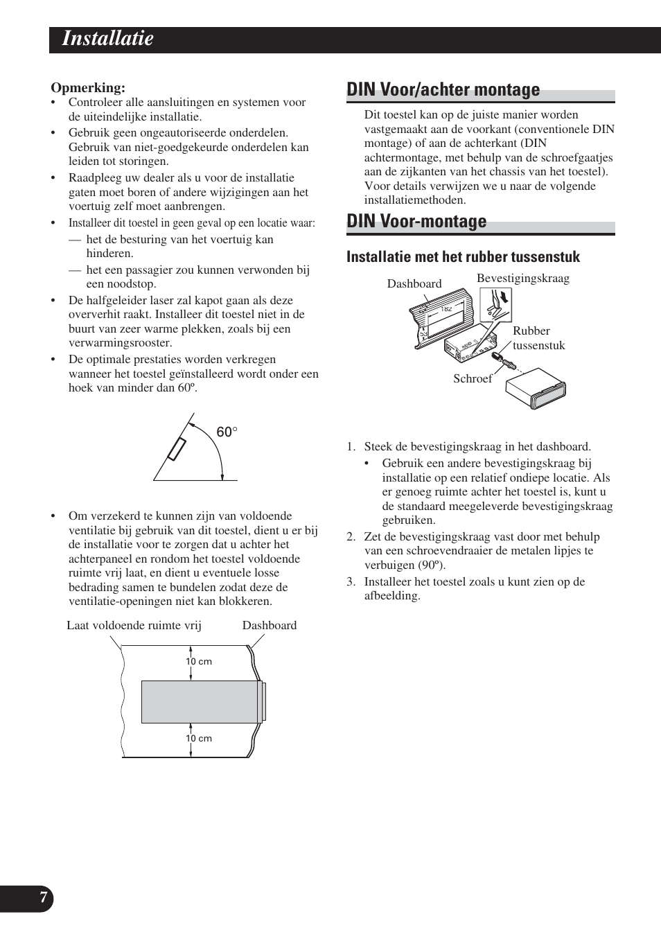 Installatie, Din voor/achter montage din voor-montage, Din voor/achter montage | Din voor-montage, Installatie met het rubber tussenstuk | Pioneer DEH-P800BT User Manual | Page 58 / 72