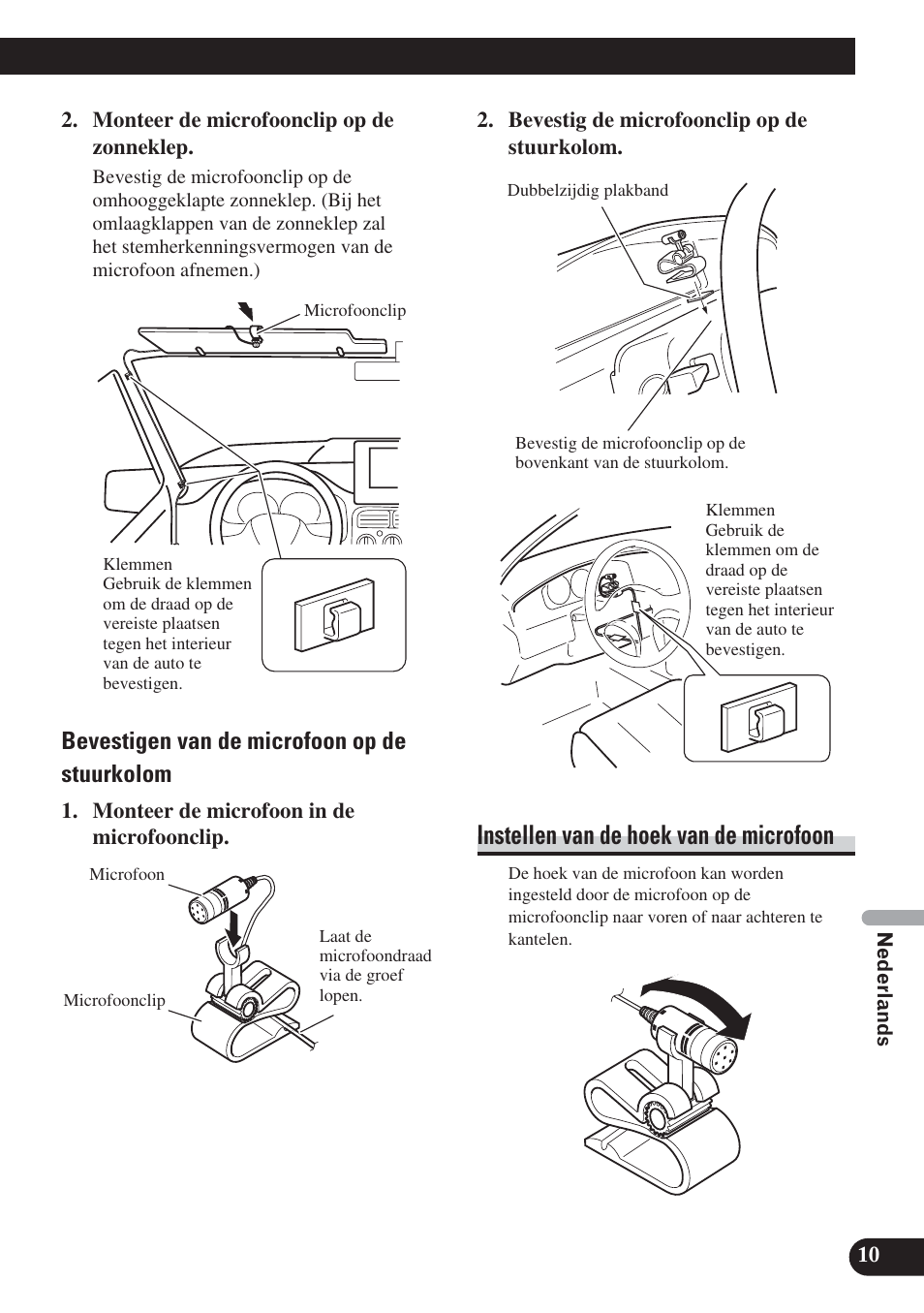 Instellen van de hoek van de microfoon, Bevestigen van de microfoon op de stuurkolom | Pioneer DEH-P800BT User Manual | Page 61 / 72