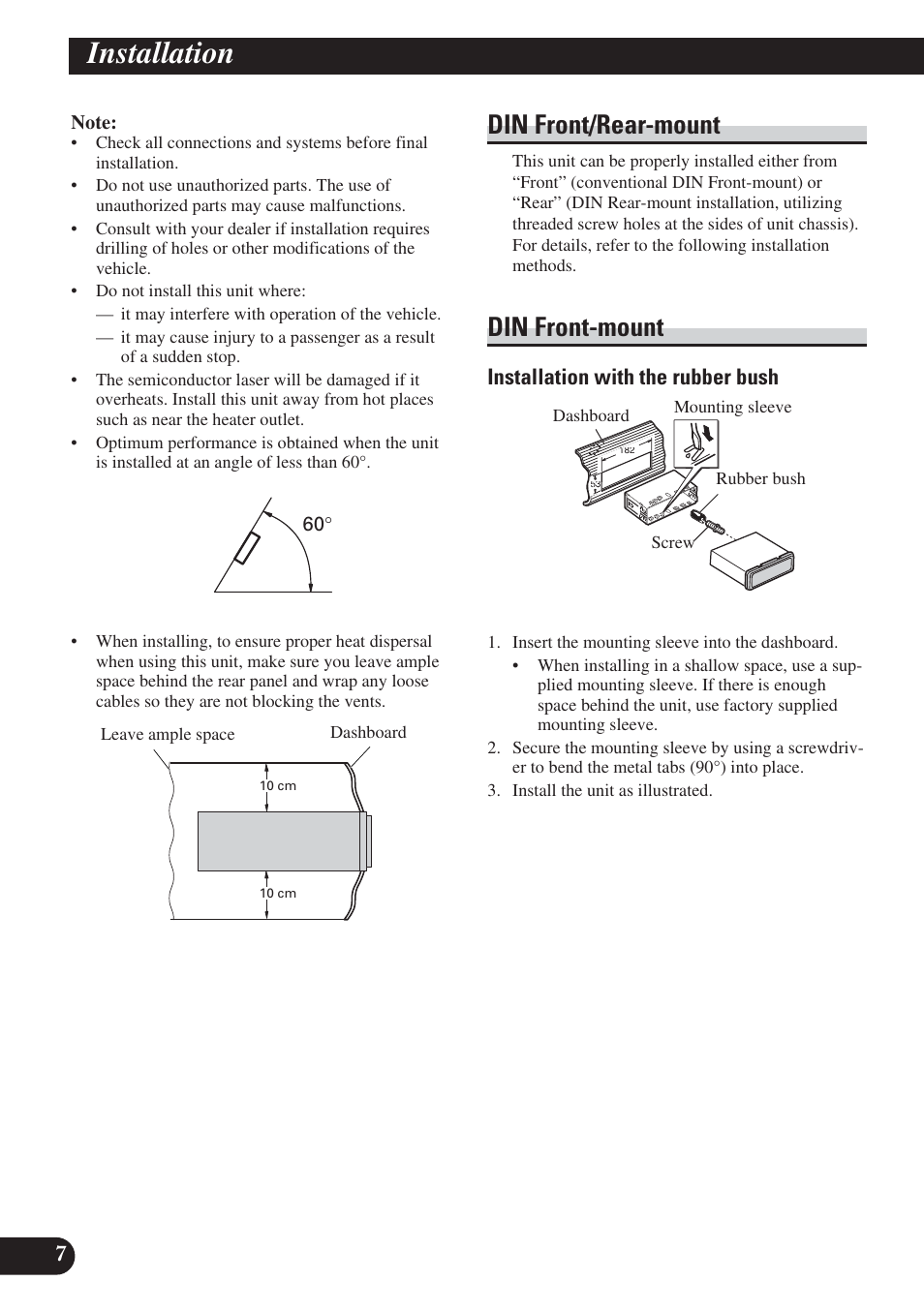 Installation, Din front/rear-mount din front-mount, Din front/rear-mount | Din front-mount, Installation with the rubber bush | Pioneer DEH-P800BT User Manual | Page 8 / 72