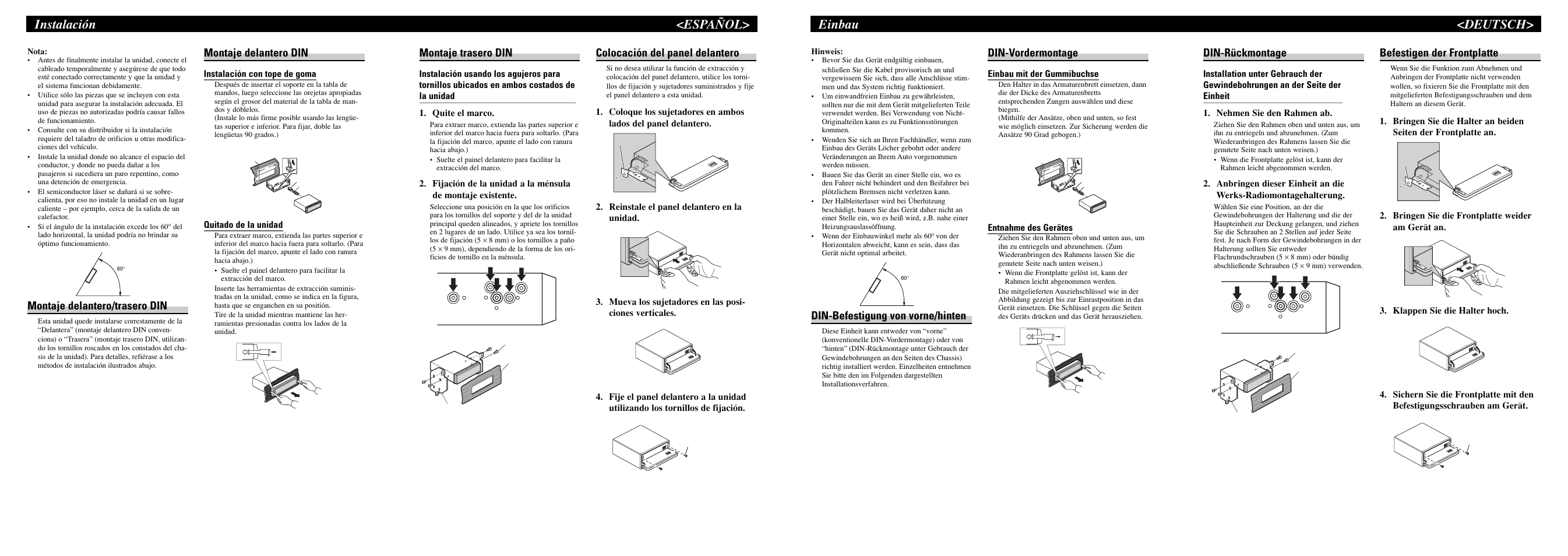 Instalación <español, Einbau <deutsch, Montaje delantero/trasero din | Montaje delantero din, Montaje trasero din, Colocación del panel delantero, Din-rückmontage, Befestigen der frontplatte, Din-befestigung von vorne/hinten, Din-vordermontage | Pioneer DEH-P5800MP User Manual | Page 2 / 8