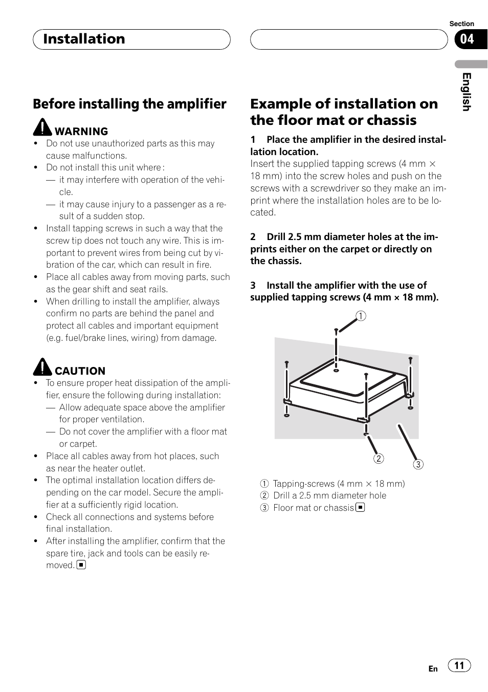 Installation before installing the amplifier, Example of installation on the floor mat or, Chassis | Before installing the amplifier, Installation | Pioneer GM-D7500M User Manual | Page 11 / 84