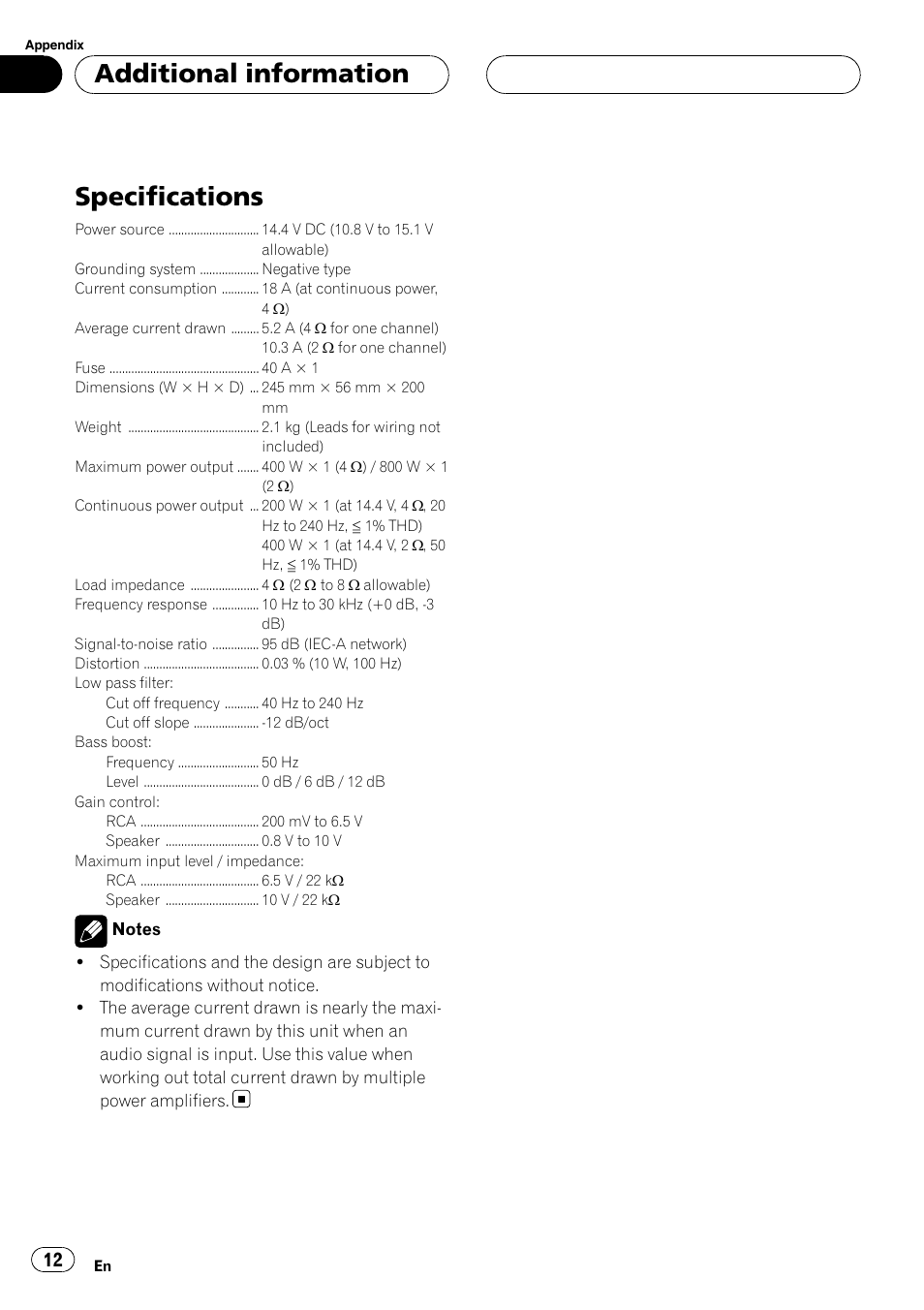 Additional information specifications, Specifications, Additional information | Pioneer GM-D7500M User Manual | Page 12 / 84