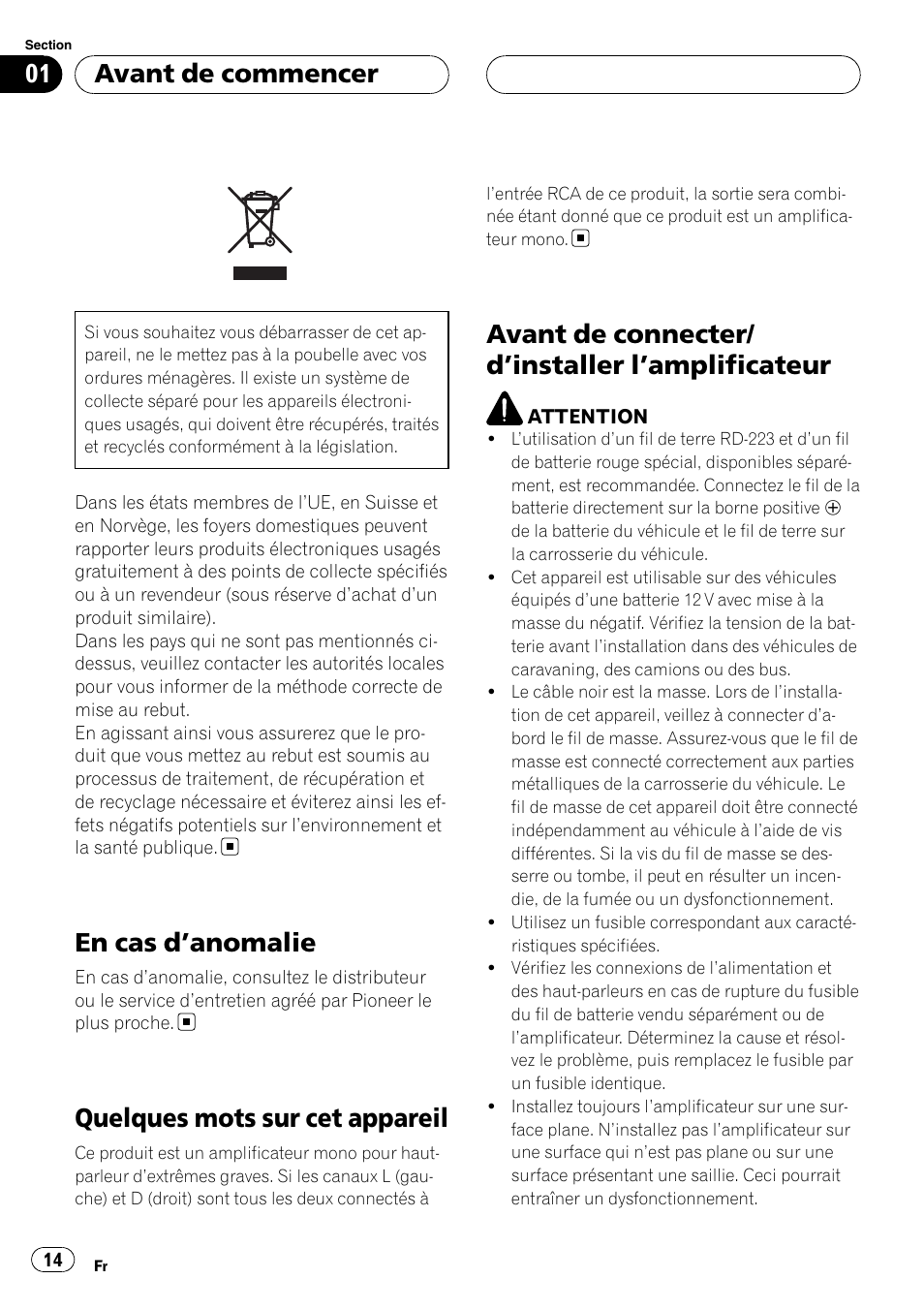 Avant de commencer, En cas d, Anomalie 14 | Quelques mots sur cet appareil, Avant de connecter/d, Installer, Amplificateur 14, En cas d ’anomalie, Avant de connecter/ d ’installer l’amplificateur | Pioneer GM-D7500M User Manual | Page 14 / 84