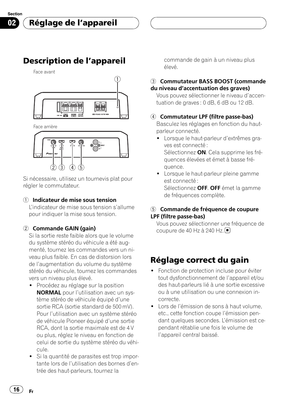 Réglage de l, Appareil, Description de l | Appareil 16, Réglage correct du gain, Description de l ’appareil, Réglage de l ’appareil | Pioneer GM-D7500M User Manual | Page 16 / 84