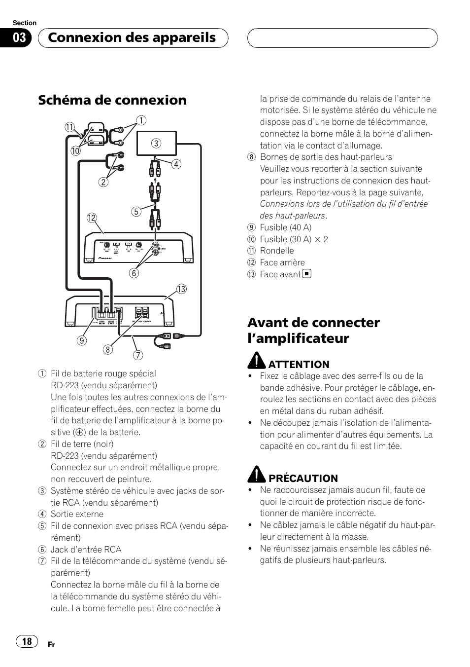 Connexion des appareils schéma de connexion, Avant de connecter l, Amplificateur 18 | Schéma de connexion, Avant de connecter l ’amplificateur, Connexion des appareils | Pioneer GM-D7500M User Manual | Page 18 / 84