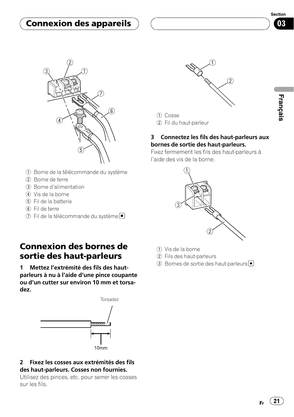 Connexion des bornes de sortie des haut, Parleurs, Connexion des bornes de sortie des haut-parleurs | Connexion des appareils | Pioneer GM-D7500M User Manual | Page 21 / 84