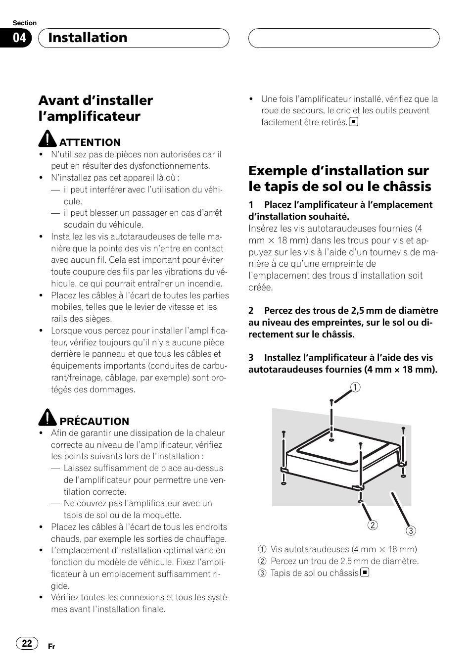 Installation avant d, Installer l’amplificateur 22, Exemple d | Installation sur le tapis de sol ou, Le châssis, Avant d ’installer l ’amplificateur, Installation | Pioneer GM-D7500M User Manual | Page 22 / 84