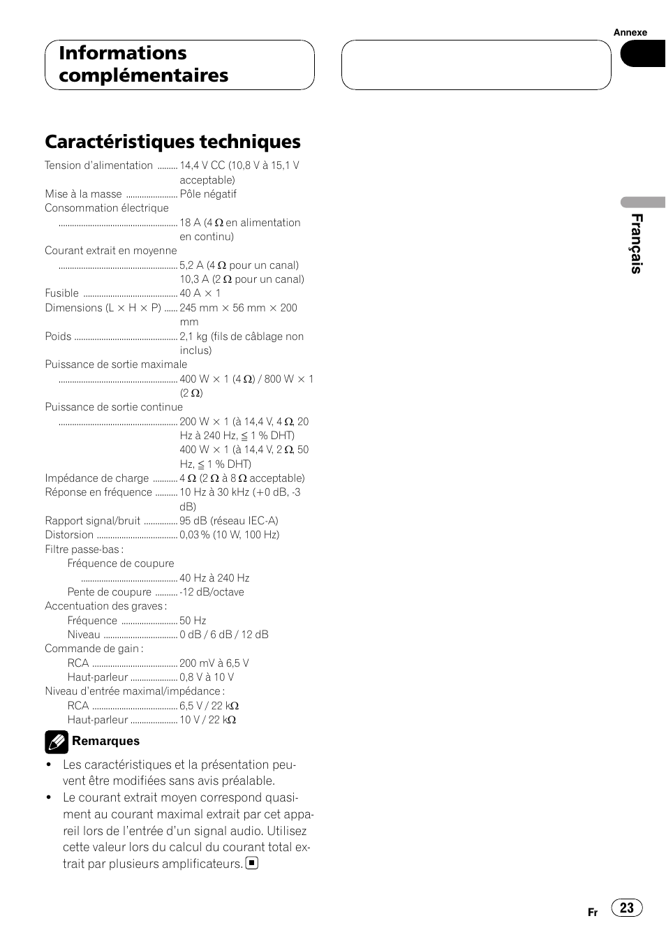 Caractéristiques techniques, Informations complémentaires, Français | Pioneer GM-D7500M User Manual | Page 23 / 84