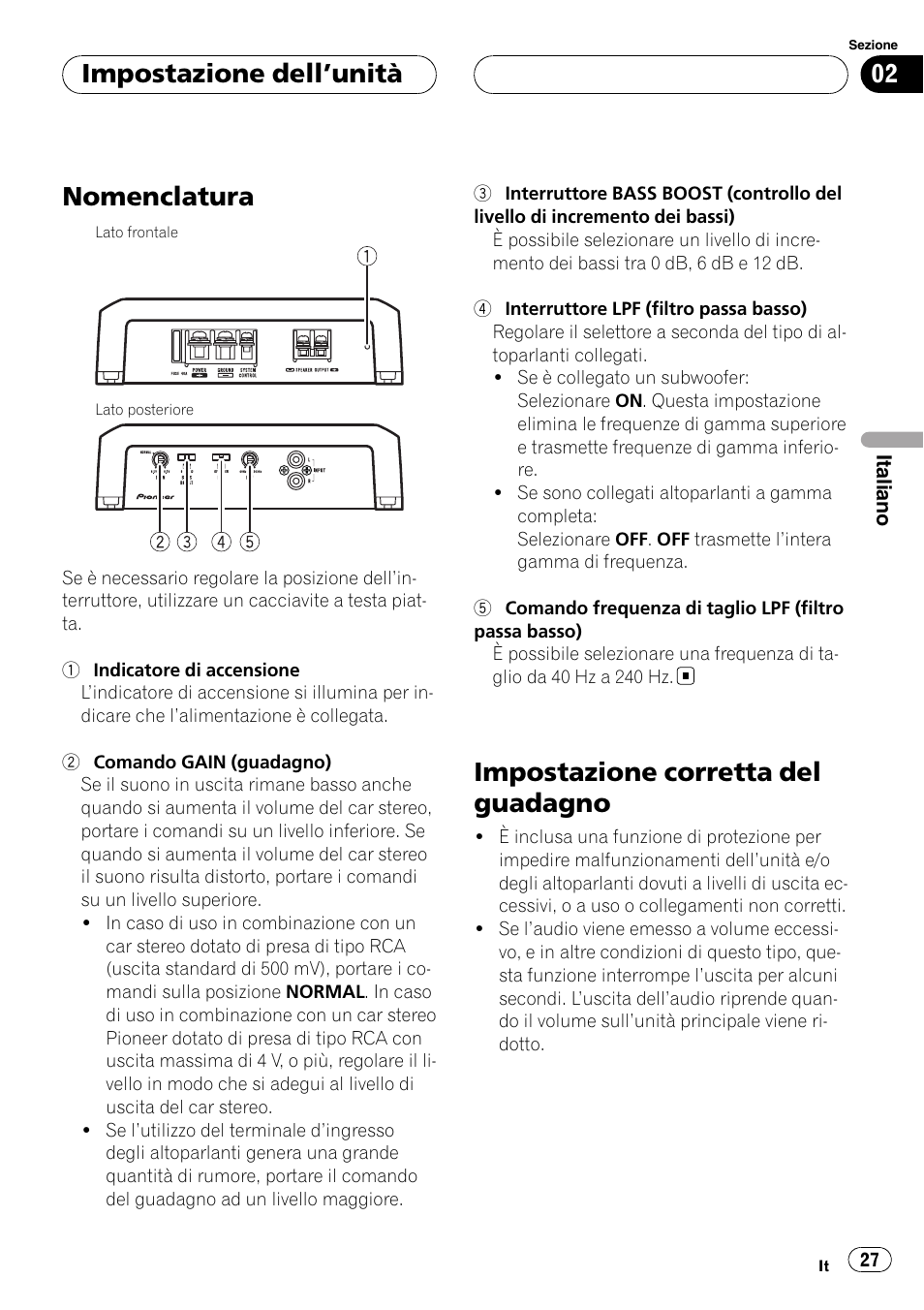 Impostazione dell, Unità, Nomenclatura | Impostazione corretta del guadagno, Impostazione dell ’unità | Pioneer GM-D7500M User Manual | Page 27 / 84