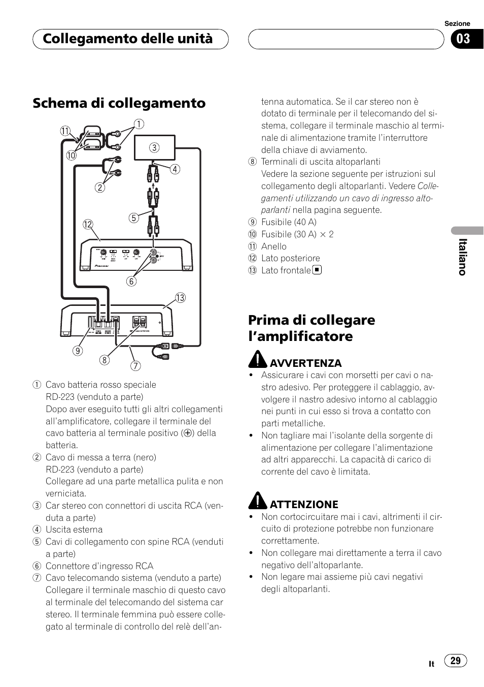 Collegamento delle unità schema di collegamento, Prima di collegare l, Amplificatore 29 | Schema di collegamento, Prima di collegare l ’amplificatore, Collegamento delle unità | Pioneer GM-D7500M User Manual | Page 29 / 84